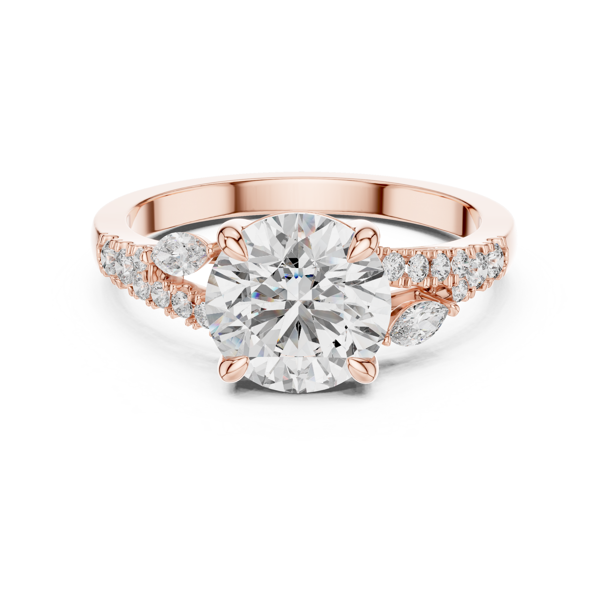 1–3 Carat Round Cut Lab-Grown Diamond Solitaire Engagement Ring with Split Shank Marquise & Round Pave Diamond Band in 18K Gold