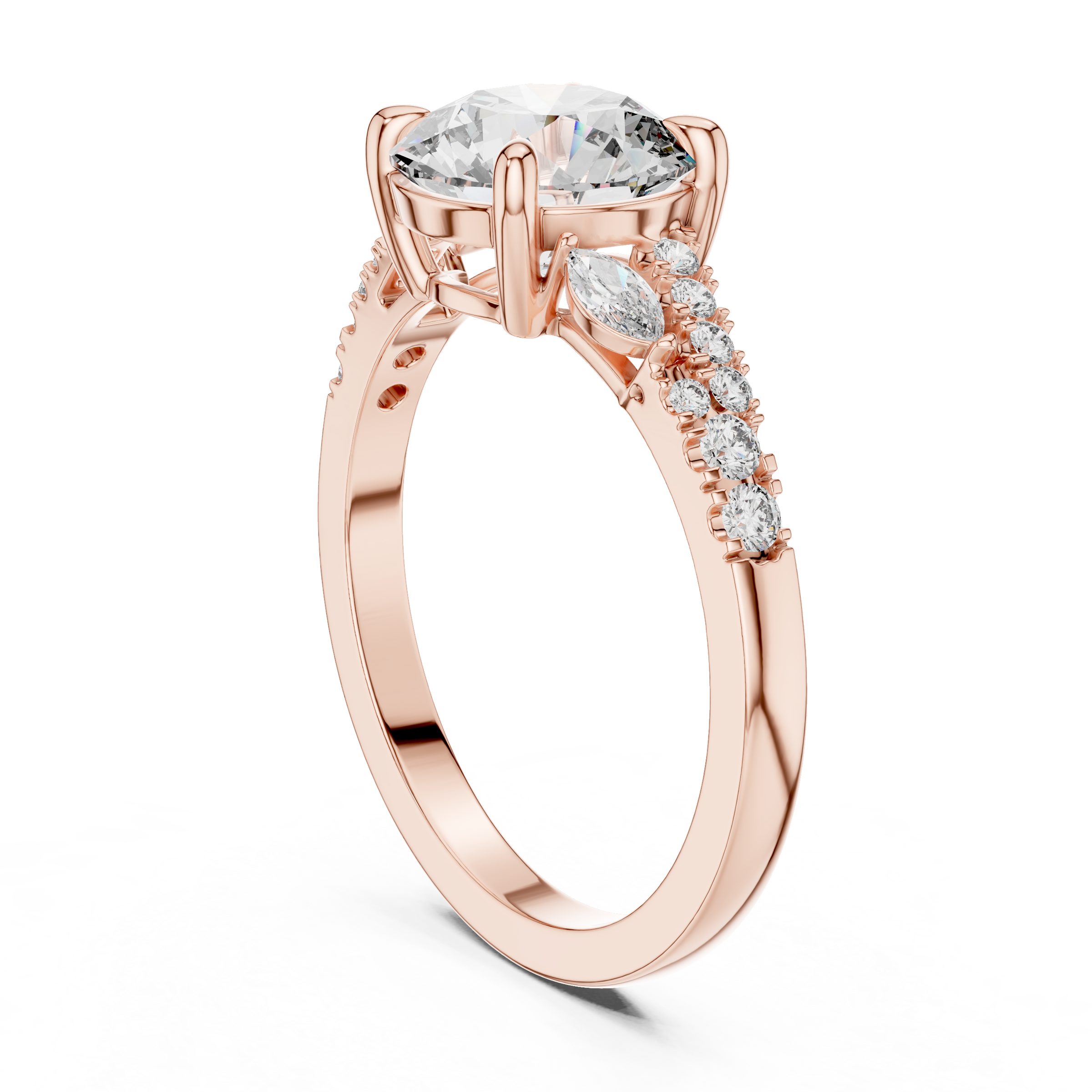 1–3 Carat Round Cut Lab-Grown Diamond Solitaire Engagement Ring with Split Shank Marquise & Round Pave Diamond Band in 18K Gold