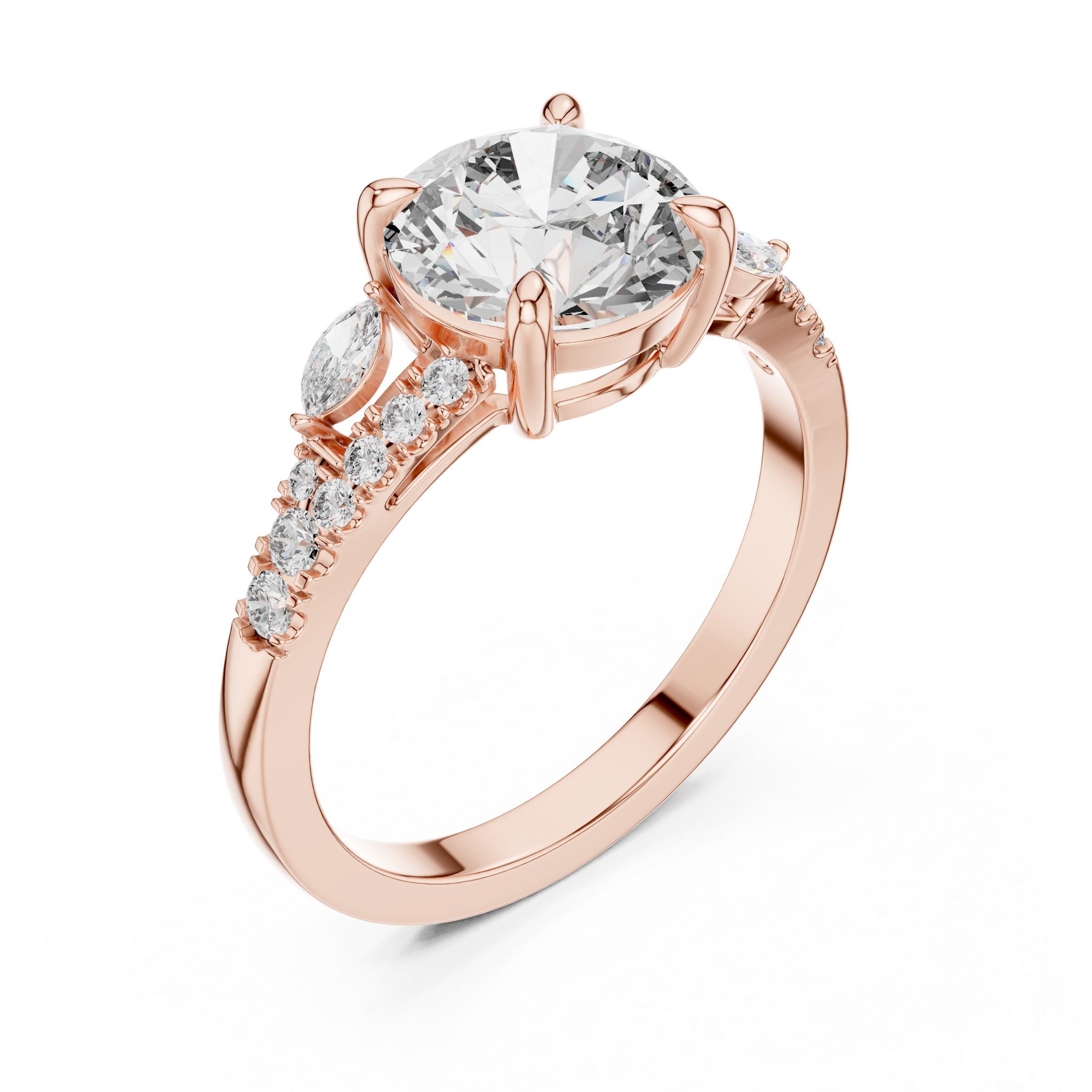 1–3 Carat Round Cut Lab-Grown Diamond Solitaire Engagement Ring with Split Shank Marquise & Round Pave Diamond Band in 18K Gold