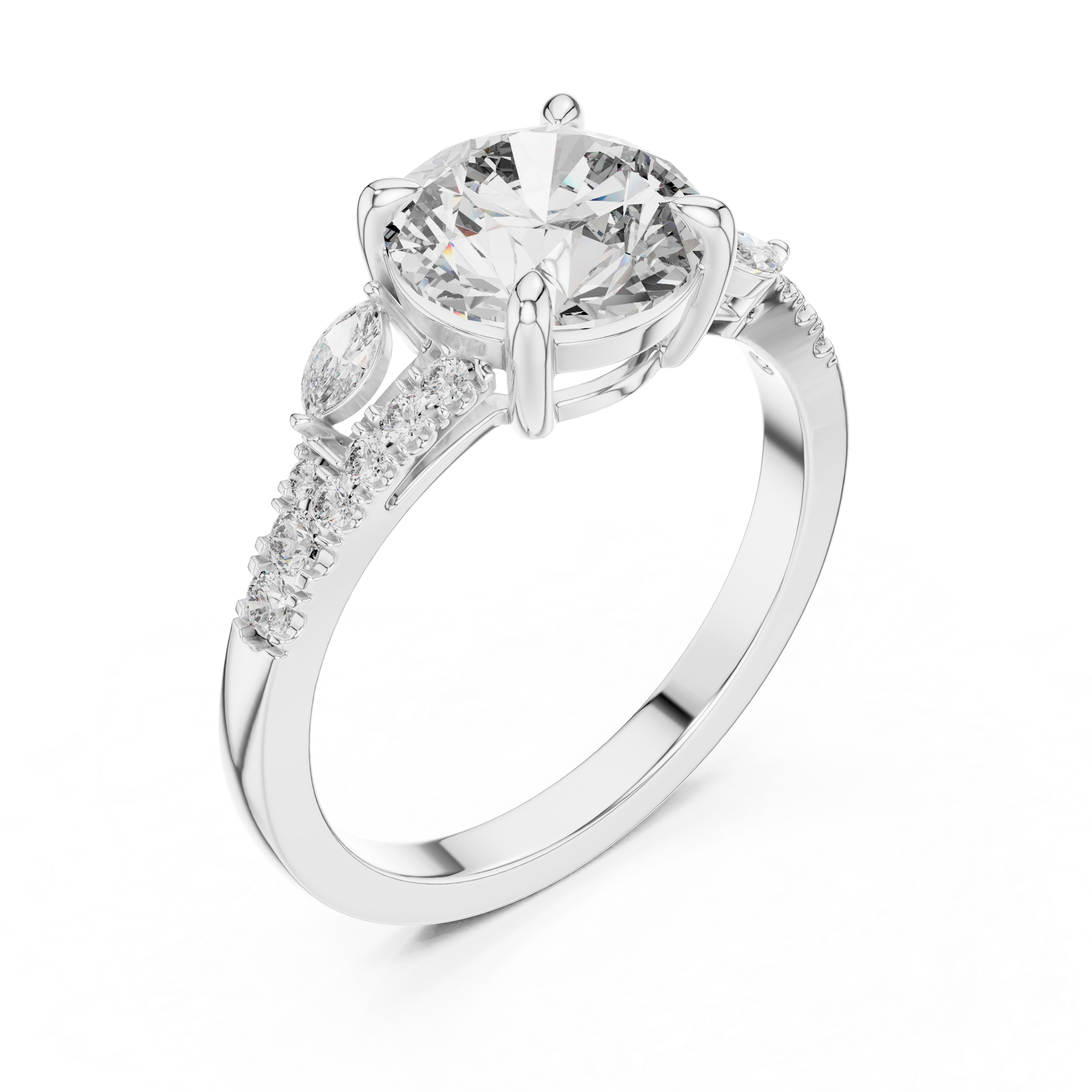 1–3 Carat Round Cut Lab-Grown Diamond Solitaire Engagement Ring with Split Shank Marquise & Round Pave Diamond Band in 18K Gold