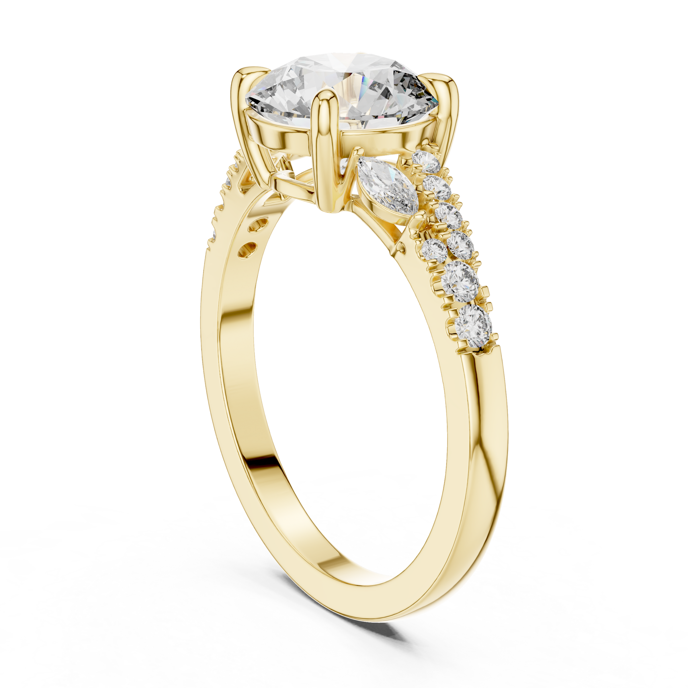 1–3 Carat Round Cut Lab-Grown Diamond Solitaire Engagement Ring with Split Shank Marquise & Round Pave Diamond Band in 18K Gold