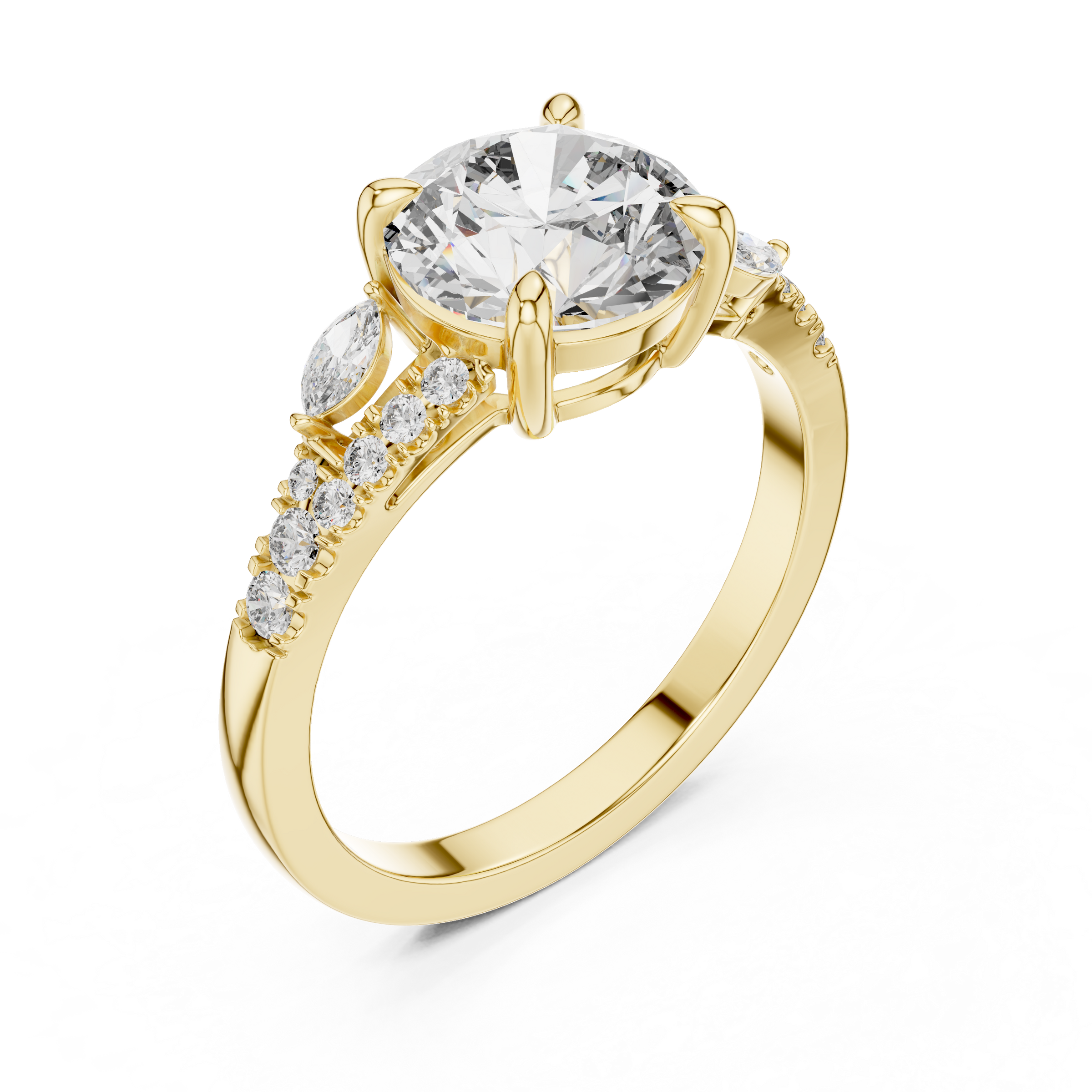 1–3 Carat Round Cut Lab-Grown Diamond Solitaire Engagement Ring with Split Shank Marquise & Round Pave Diamond Band in 18K Gold