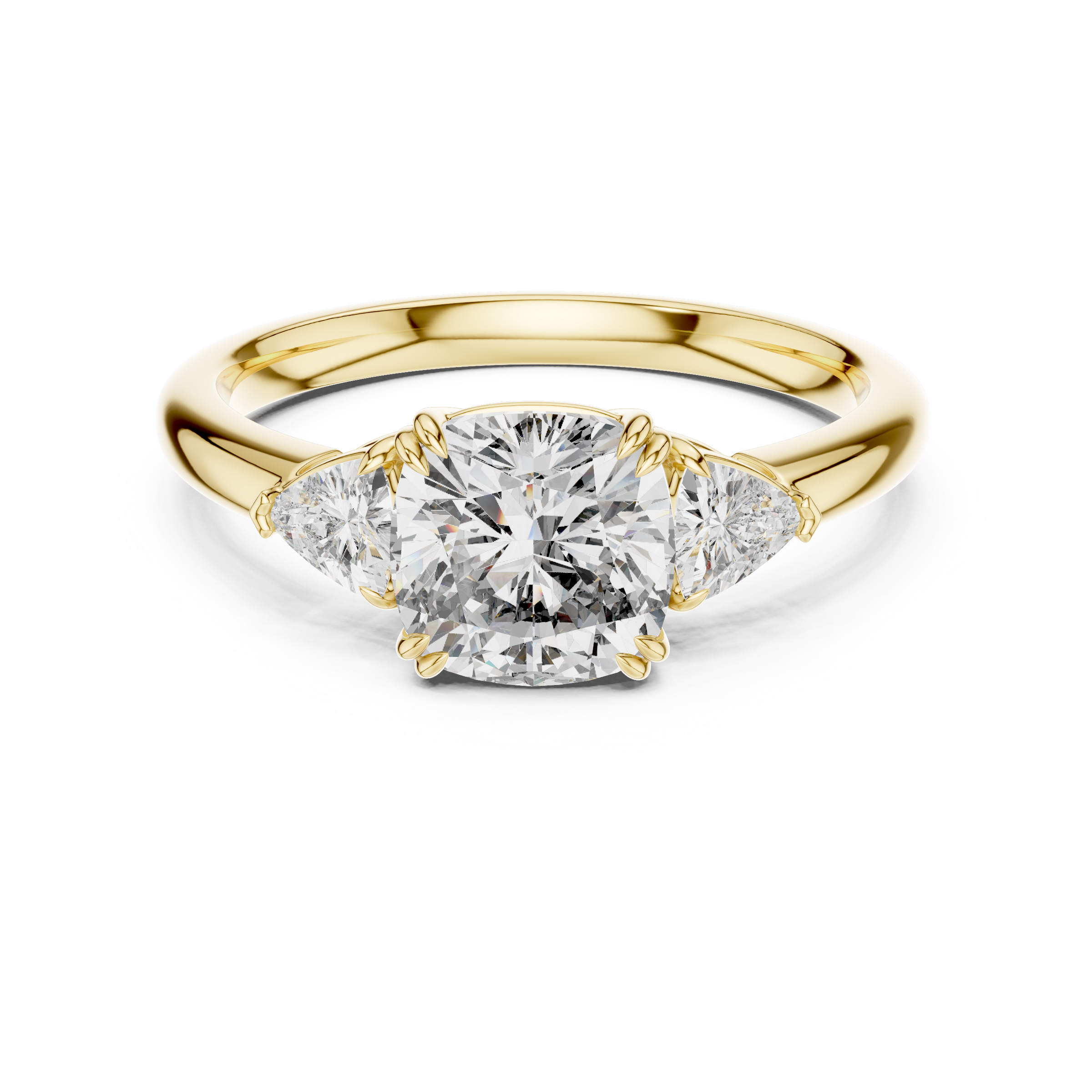 1–3 Carat Square Cushion Cut Lab-Grown Diamond Solitaire Trilogy Ring with Trillion Side Stones in 18K Gold