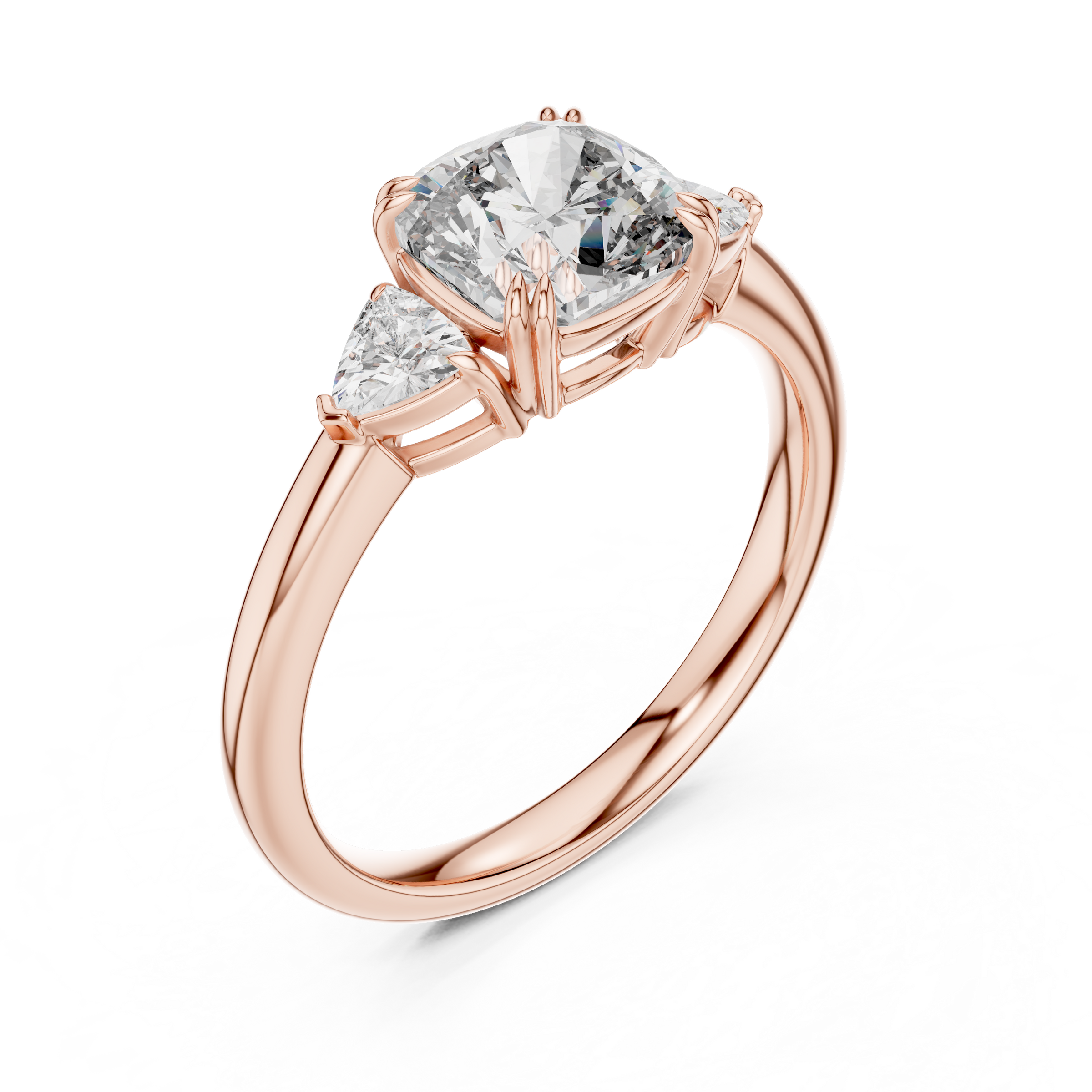 1–3 Carat Square Cushion Cut Lab-Grown Diamond Solitaire Trilogy Ring with Trillion Side Stones in 18K Gold