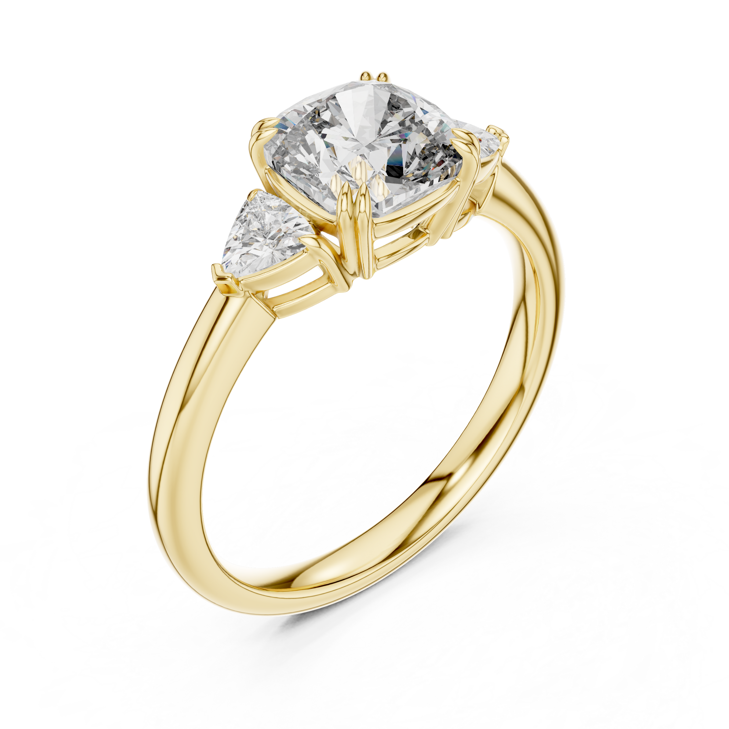 1–3 Carat Square Cushion Cut Lab-Grown Diamond Solitaire Trilogy Ring with Trillion Side Stones in 18K Gold