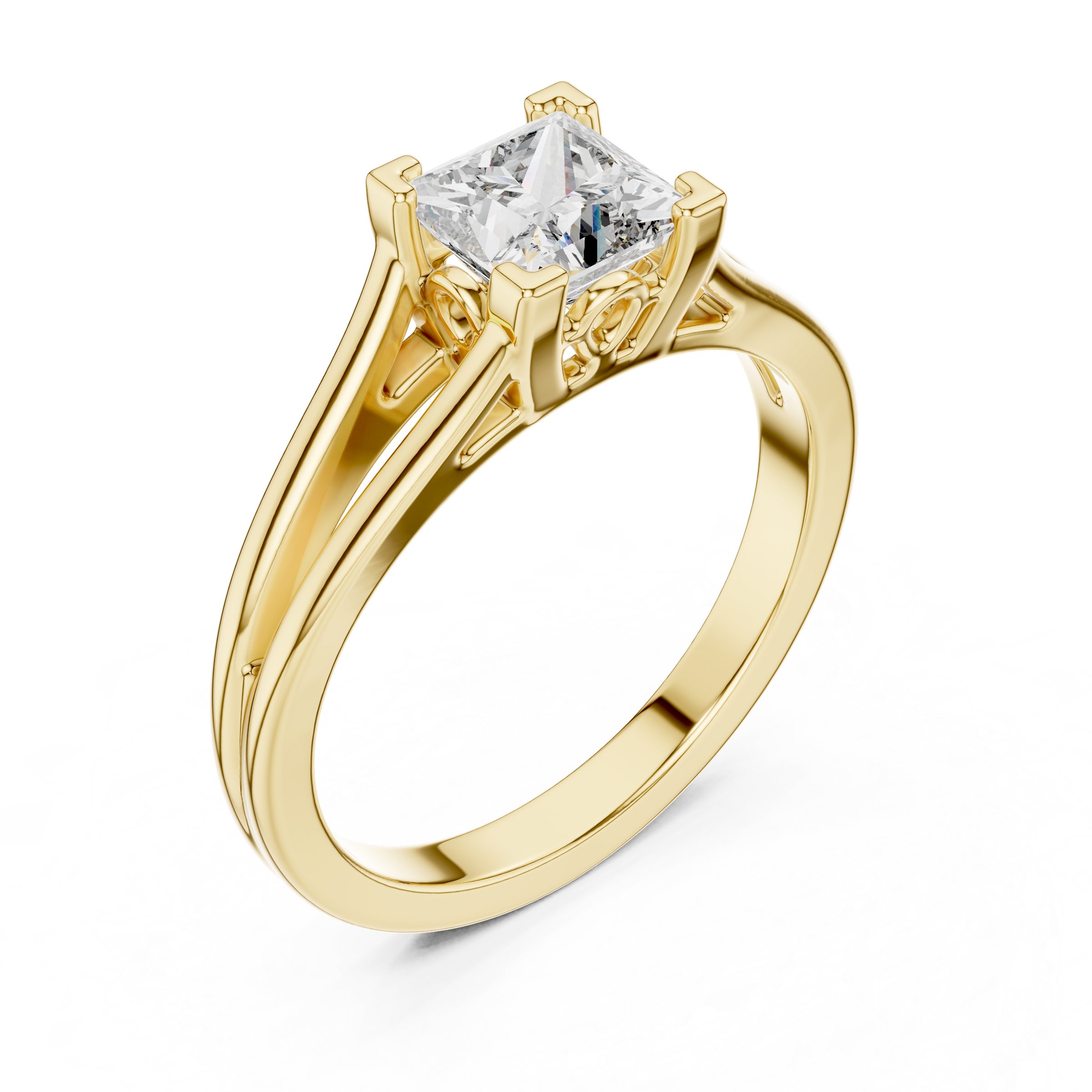 1–3 Carat Princess Cut Lab-Grown Diamond Solitaire Engagement Ring with Split Shank Plain Band in 18K Gold