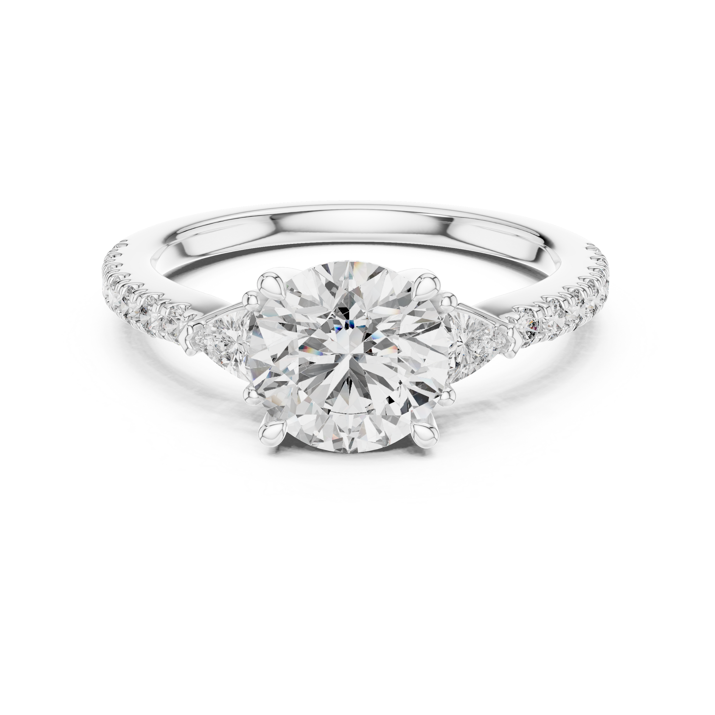 1–3 Carat Round Brilliant Cut Lab-Grown Diamond Trilogy Engagement Ring with Trillion Side Diamonds & Pave Band in 18K Gold