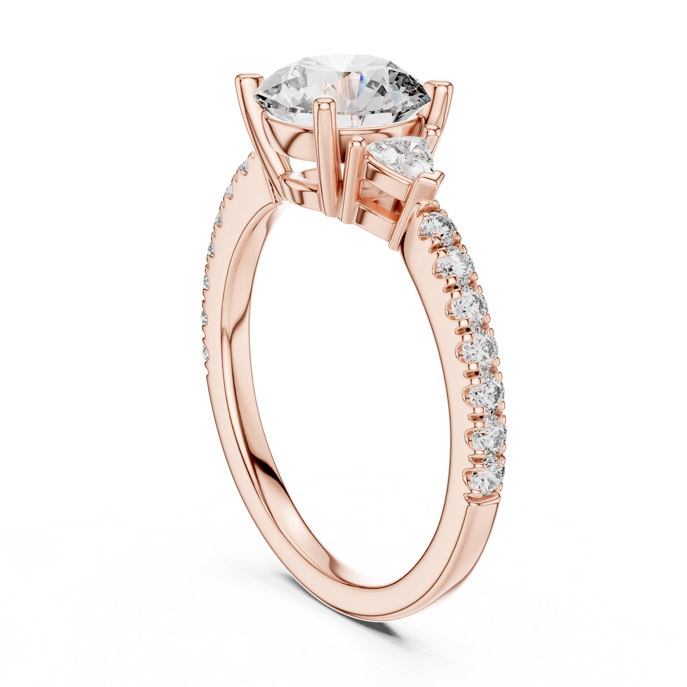 1–3 Carat Round Brilliant Cut Lab-Grown Diamond Trilogy Engagement Ring with Trillion Side Diamonds & Pave Band in 18K Gold