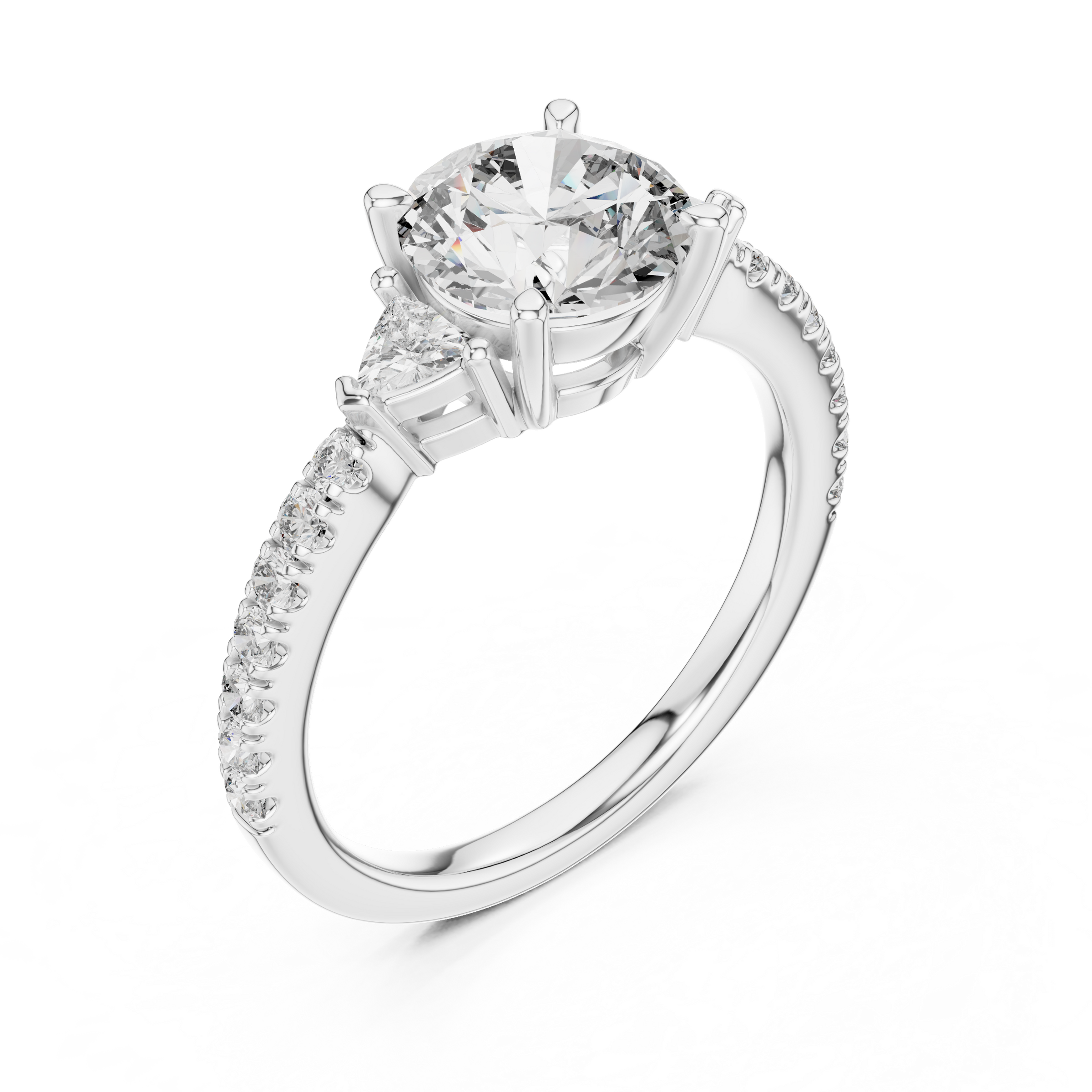 1–3 Carat Round Brilliant Cut Lab-Grown Diamond Trilogy Engagement Ring with Trillion Side Diamonds & Pave Band in 18K Gold
