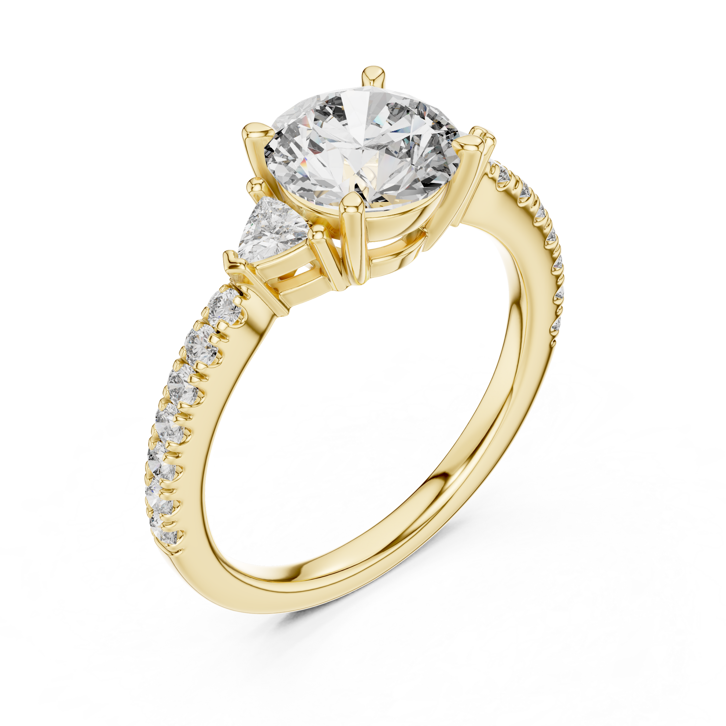 1–3 Carat Round Brilliant Cut Lab-Grown Diamond Trilogy Engagement Ring with Trillion Side Diamonds & Pave Band in 18K Gold