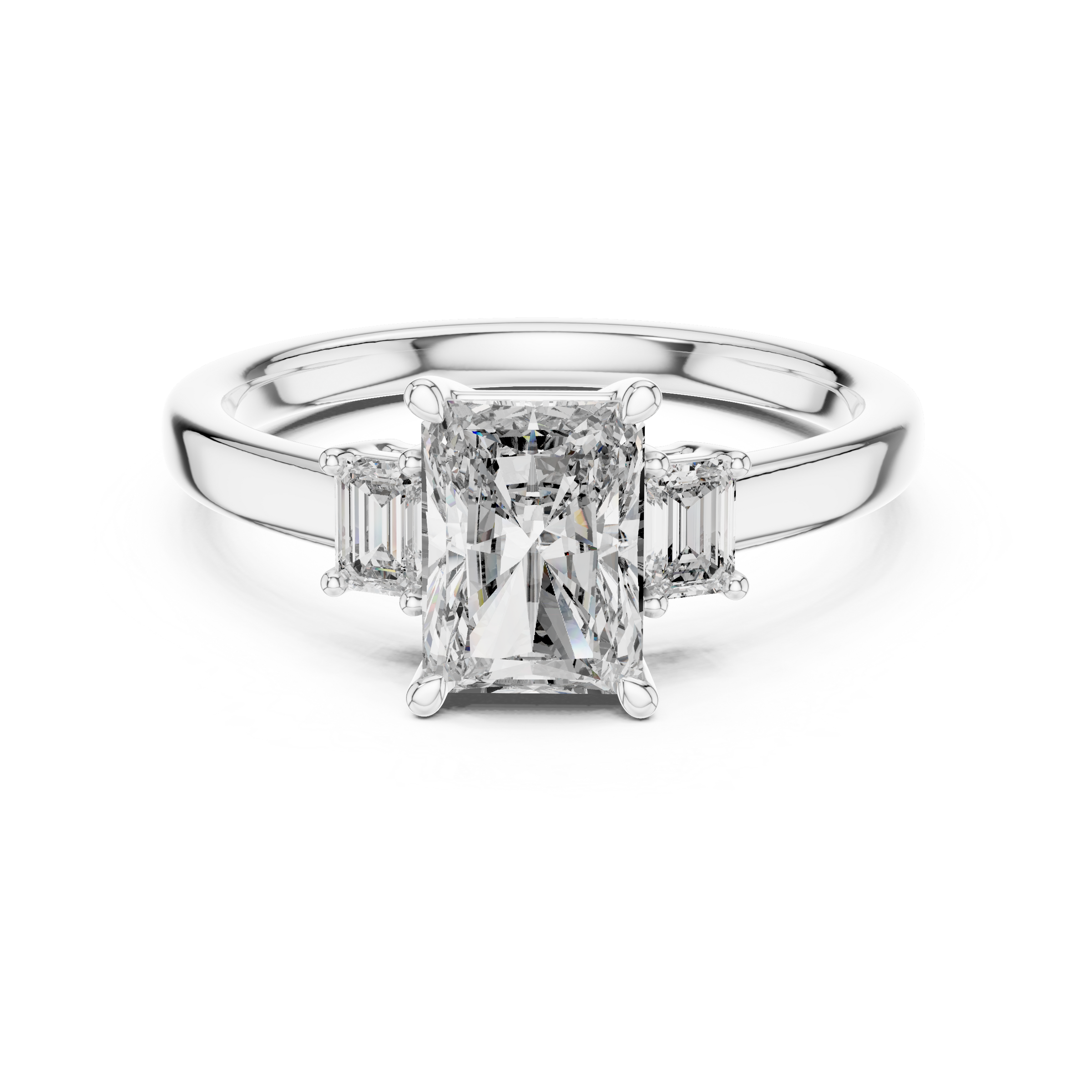 1–3 Carat Emerald Cut Lab-Grown Diamond Trilogy Engagement Ring with Emerald Side Diamonds in 18K Gold