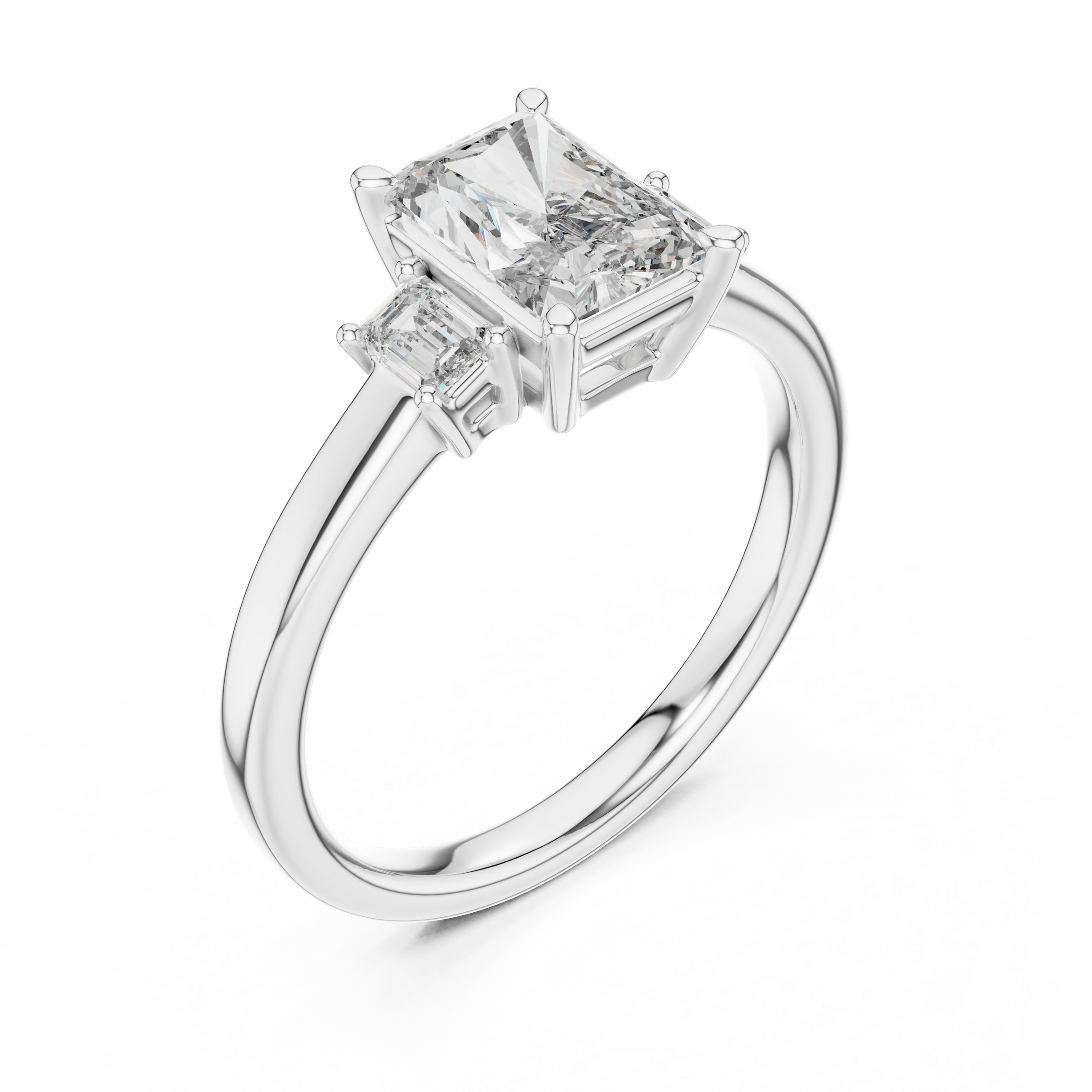 1–3 Carat Emerald Cut Lab-Grown Diamond Trilogy Engagement Ring with Emerald Side Diamonds in 18K Gold