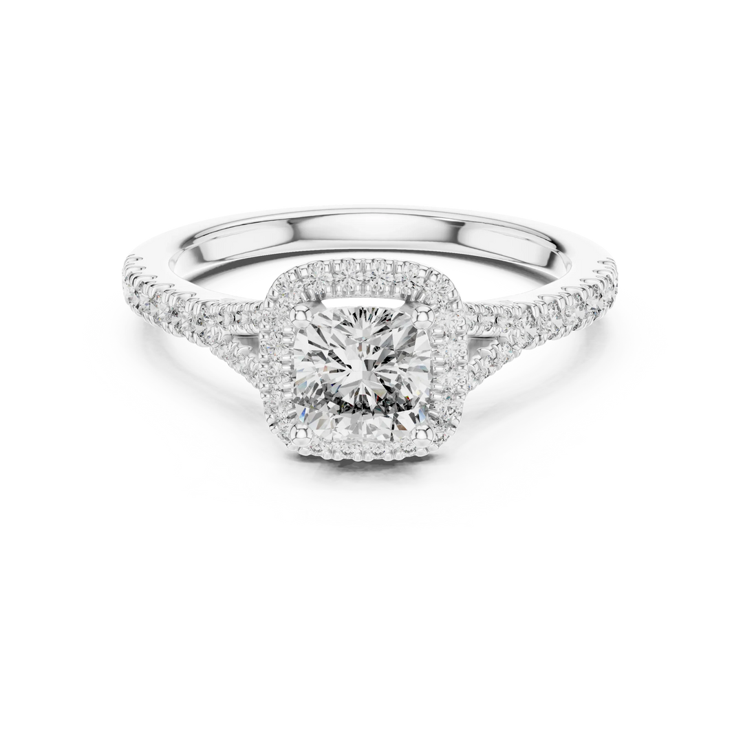 Lab-grown diamond engagement ring with cushion halo and pave band, sustainable luxury jewelry