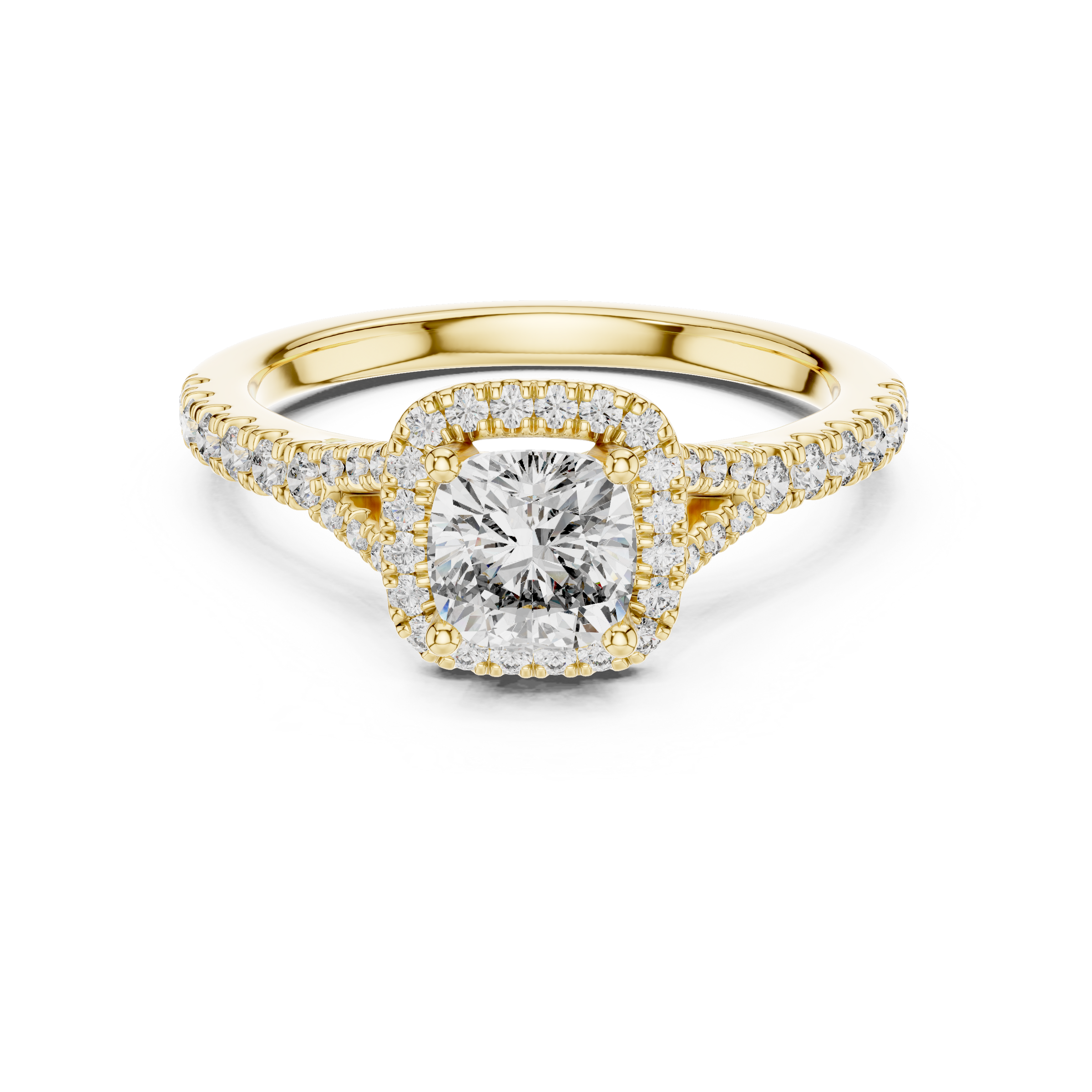 1–3 Carat Square Cushion Cut Lab-Grown Diamond Solitaire Halo Ring with Split Shank Pave Band in 18K Gold