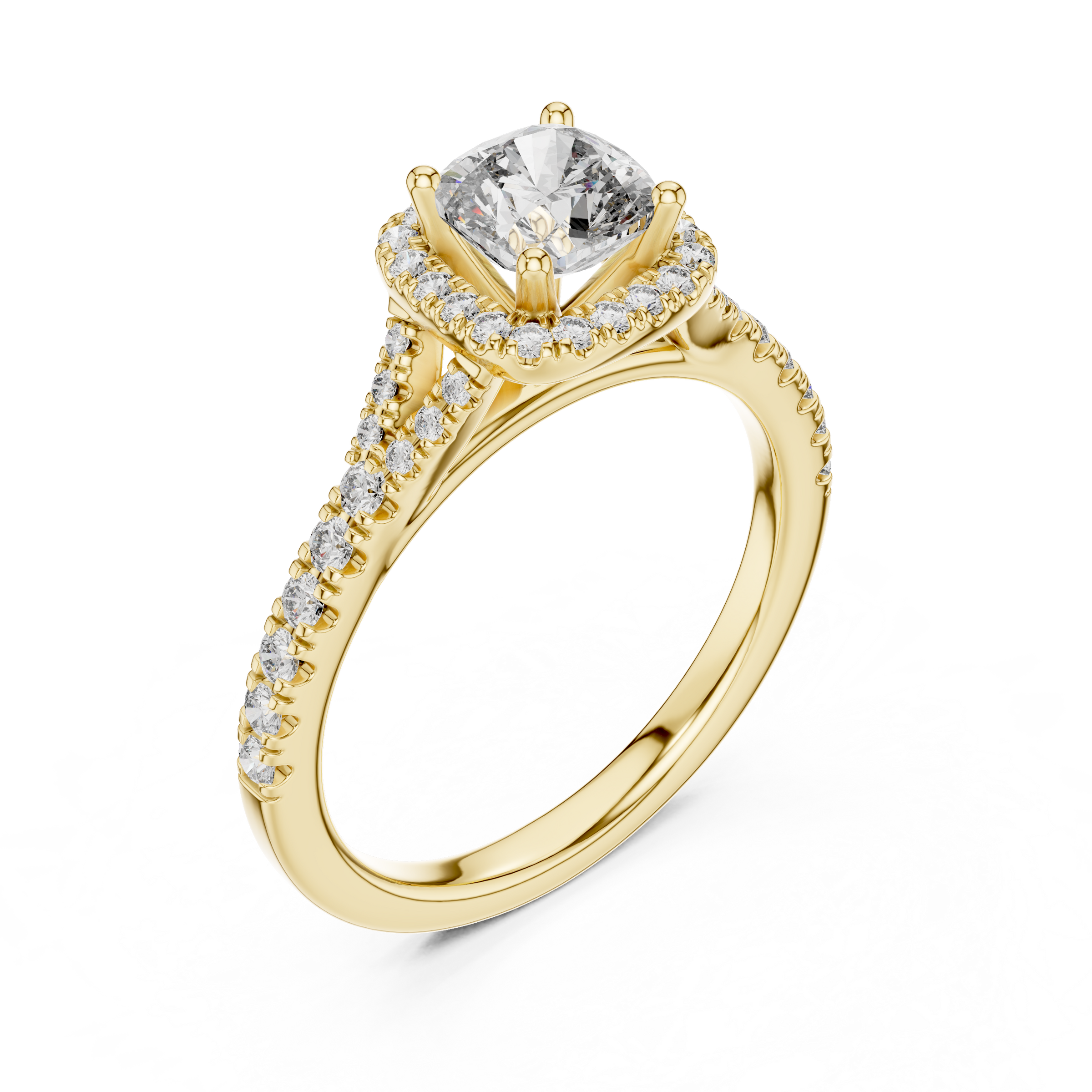 1–3 Carat Square Cushion Cut Lab-Grown Diamond Solitaire Halo Ring with Split Shank Pave Band in 18K Gold