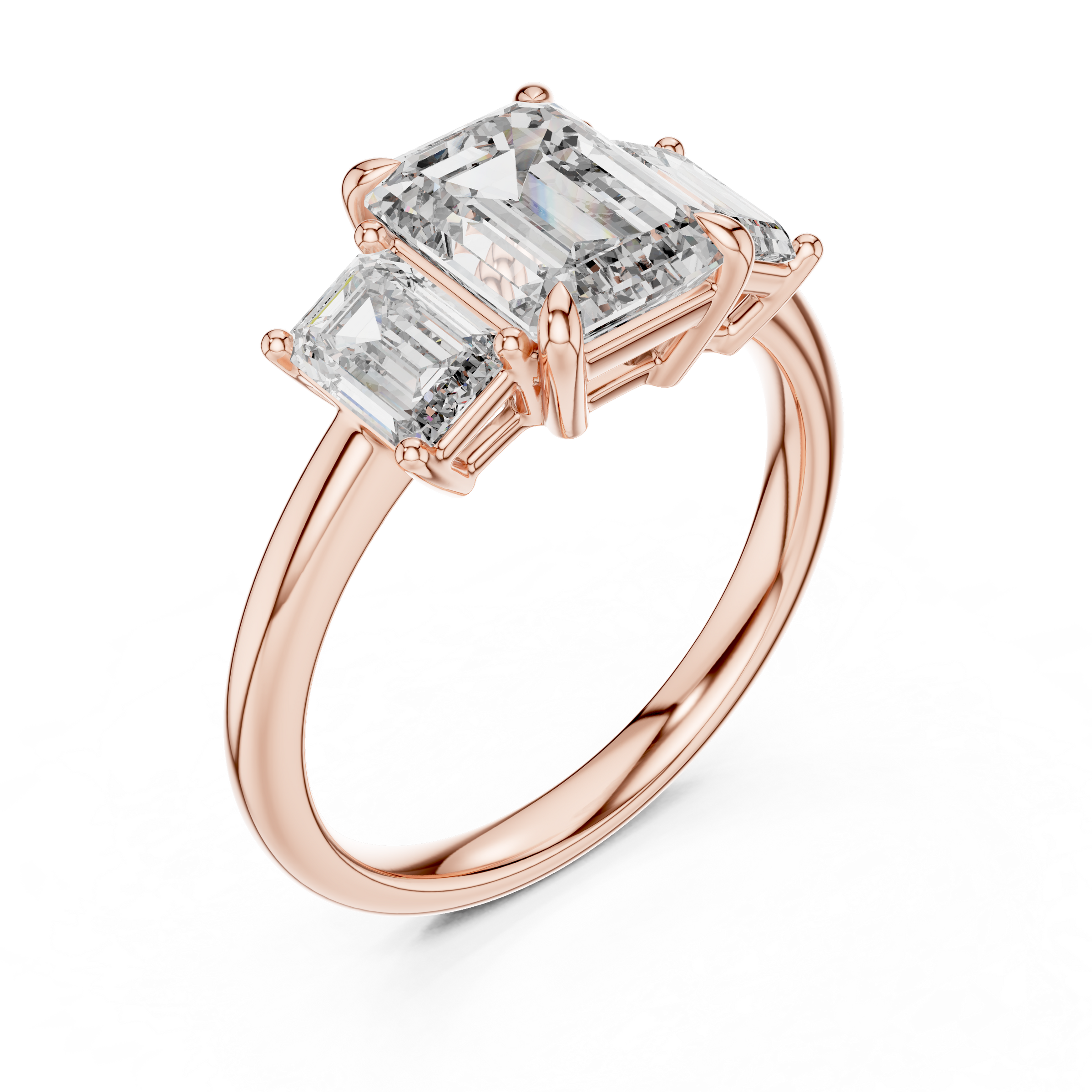1–3 Carat Emerald Cut Lab-Grown Diamond Solitaire Trilogy Ring with Emerald Cut Side Stones in 18K Gold