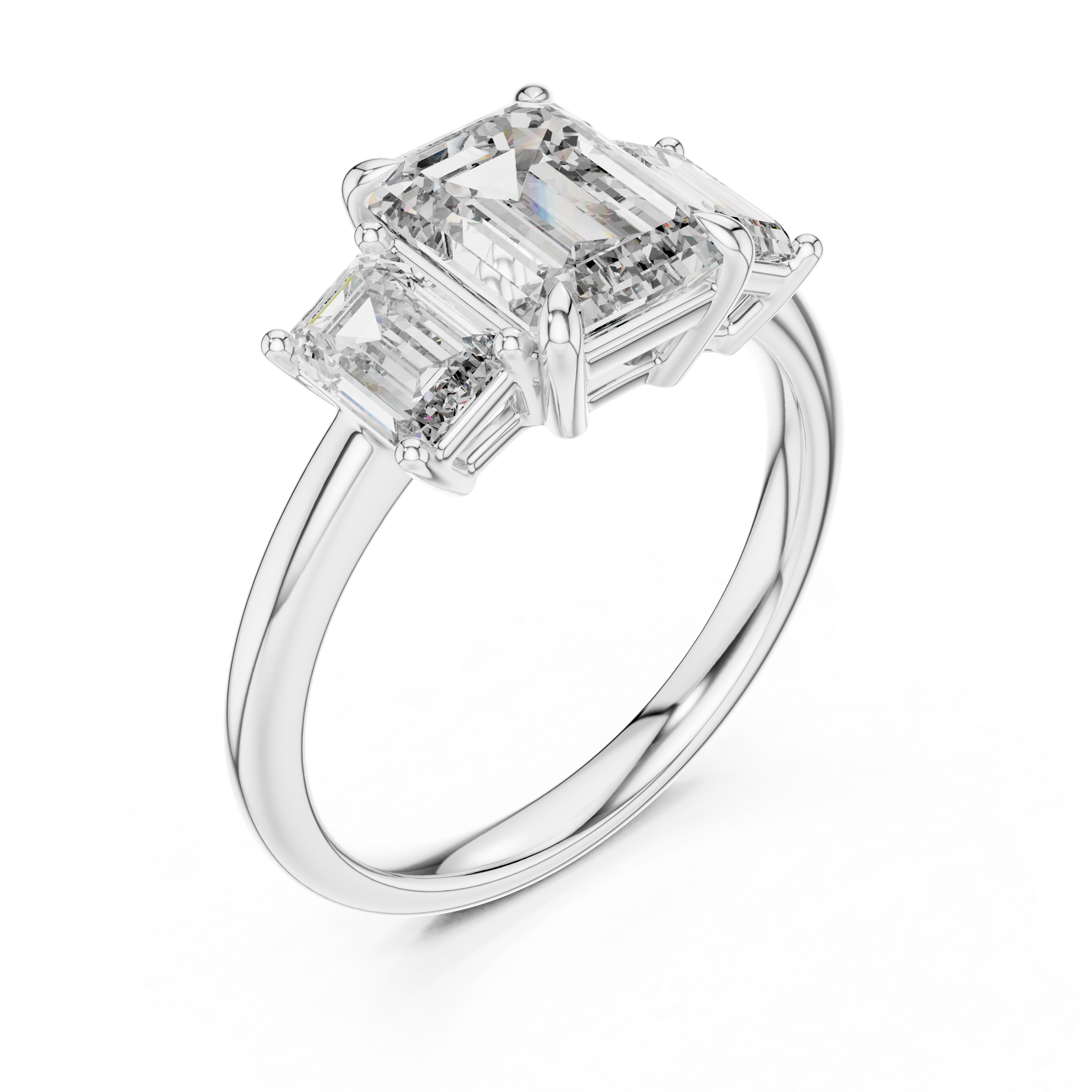 1–3 Carat Emerald Cut Lab-Grown Diamond Solitaire Trilogy Ring with Emerald Cut Side Stones in 18K Gold