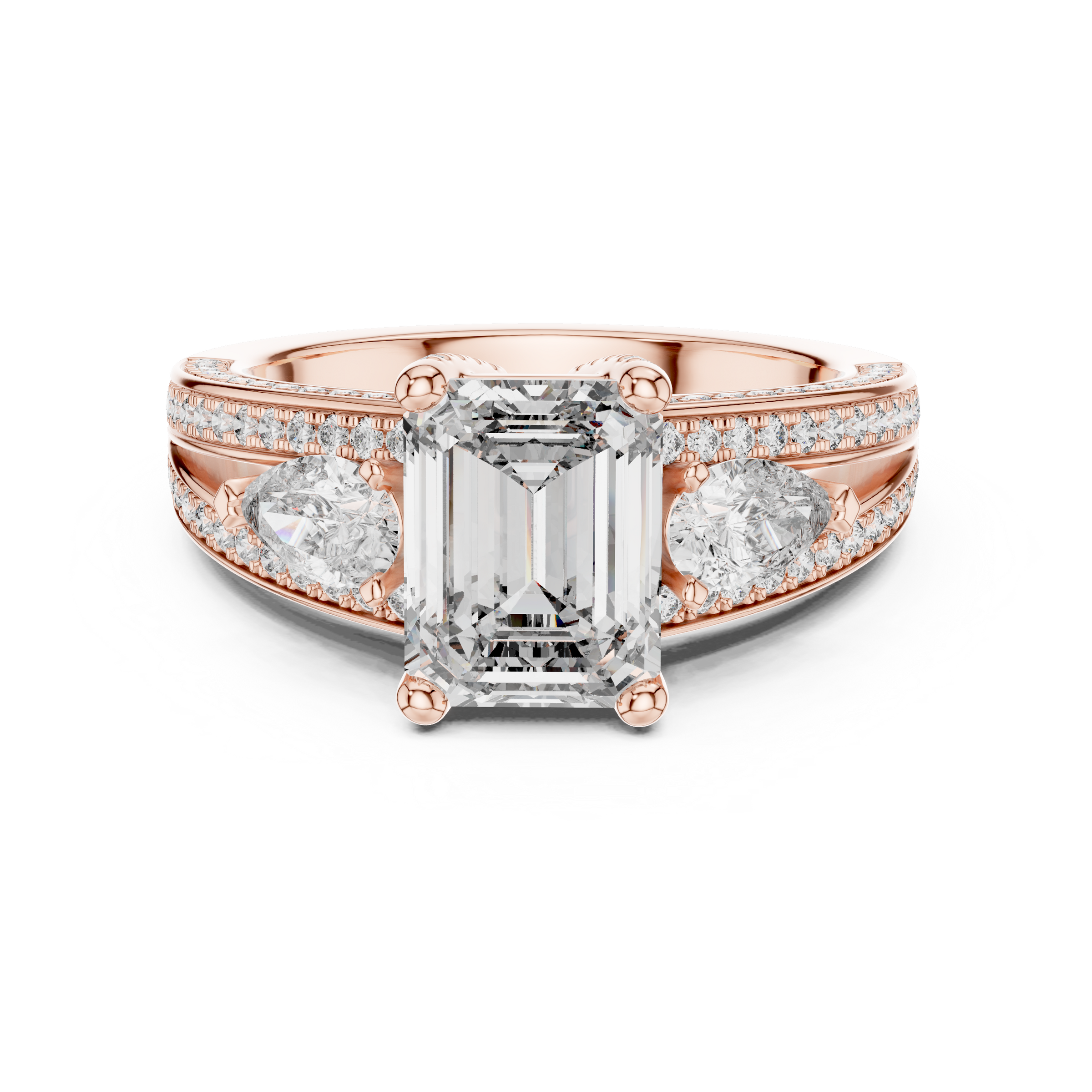 1–3 Carat Emerald Cut Lab-Grown Diamond Solitaire Trilogy Ring with Pear Cut Side Stones, Split Shank Pavé Setting in 18K Gold