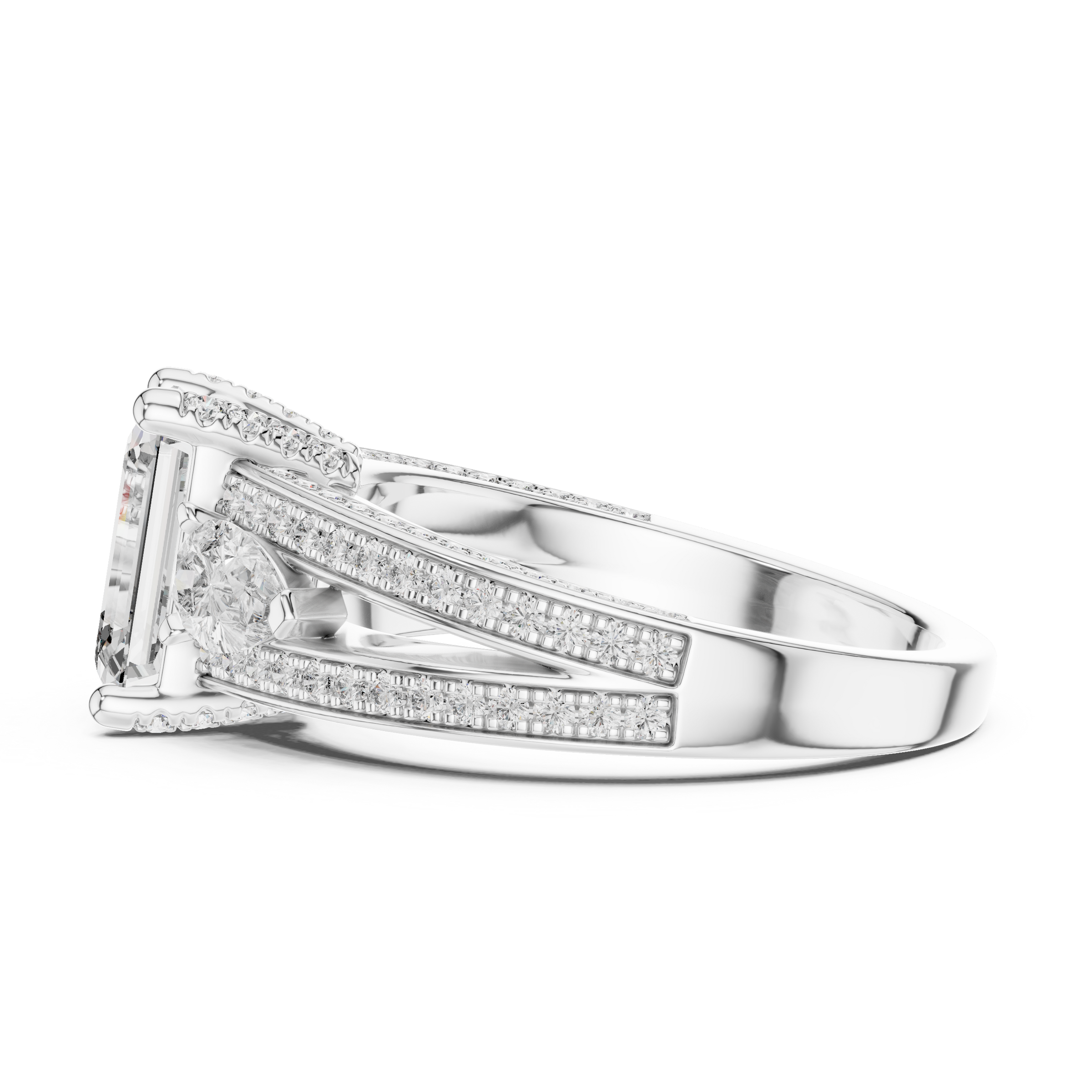 1–3 Carat Emerald Cut Lab-Grown Diamond Solitaire Trilogy Ring with Pear Cut Side Stones, Split Shank Pavé Setting in 18K Gold