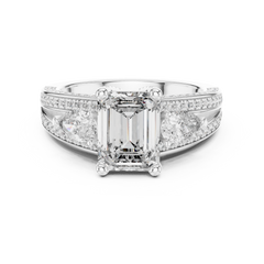 1–3 Carat Emerald Cut Lab-Grown Diamond Solitaire Trilogy Ring with Pear Cut Side Stones, Split Shank Pavé Setting in 18K Gold