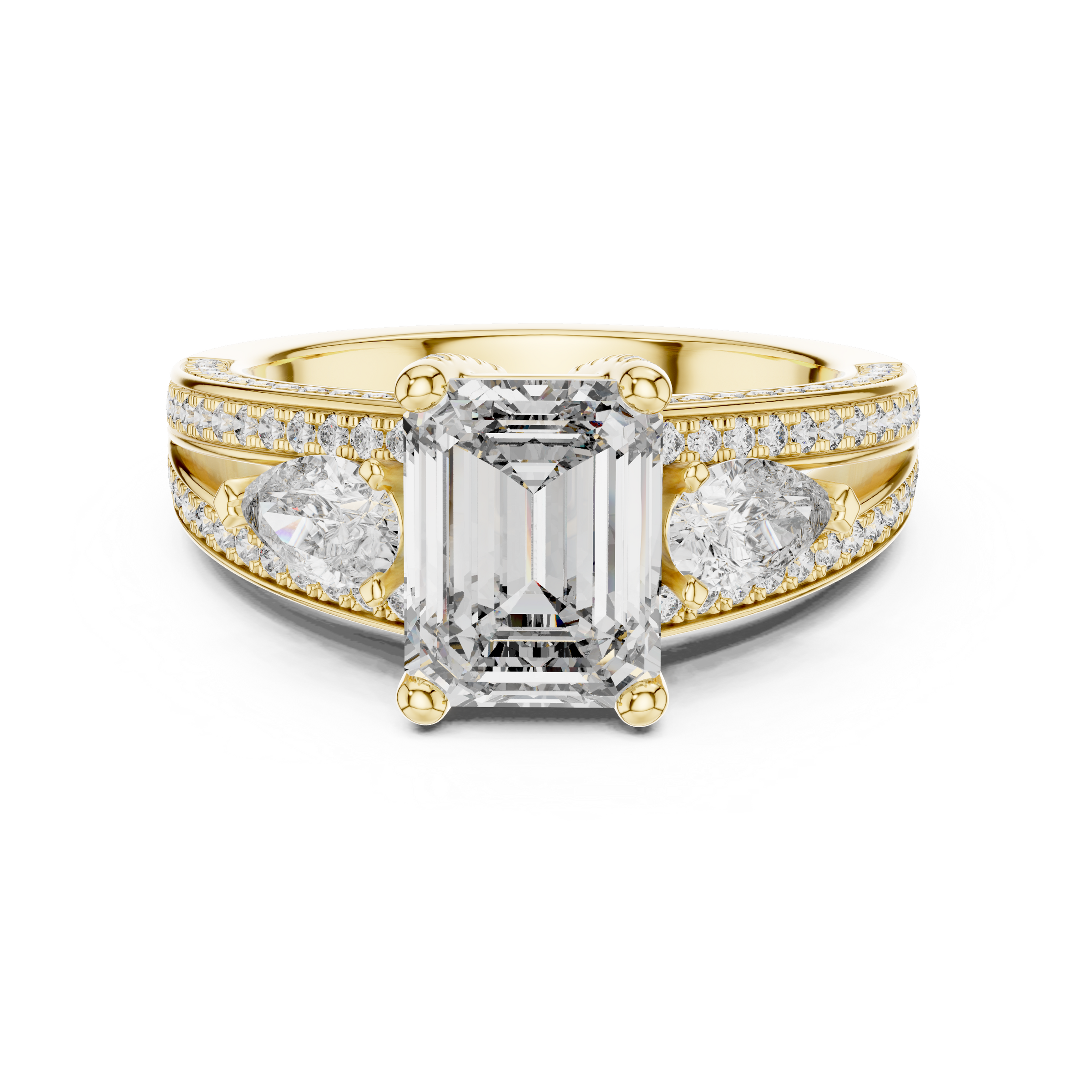 1–3 Carat Emerald Cut Lab-Grown Diamond Solitaire Trilogy Ring with Pear Cut Side Stones, Split Shank Pavé Setting in 18K Gold