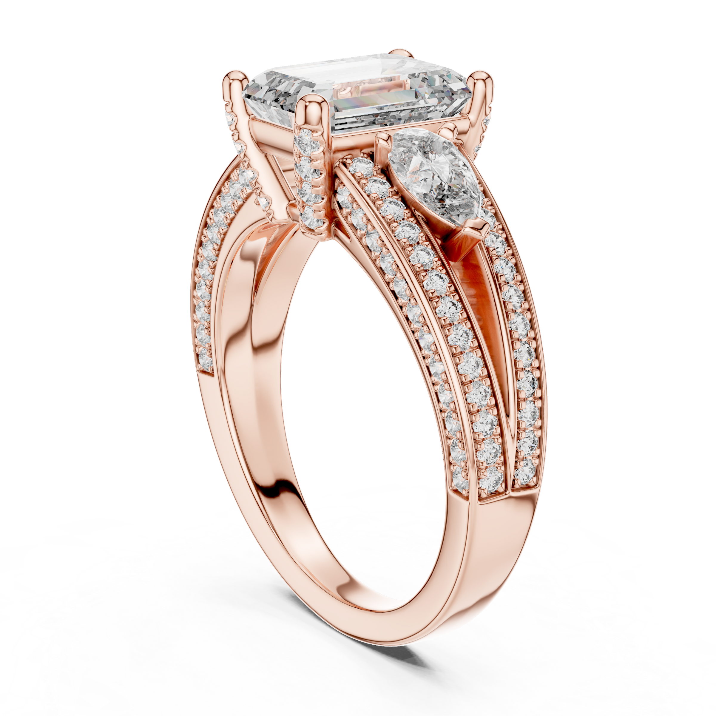 1–3 Carat Emerald Cut Lab-Grown Diamond Solitaire Trilogy Ring with Pear Cut Side Stones, Split Shank Pavé Setting in 18K Gold