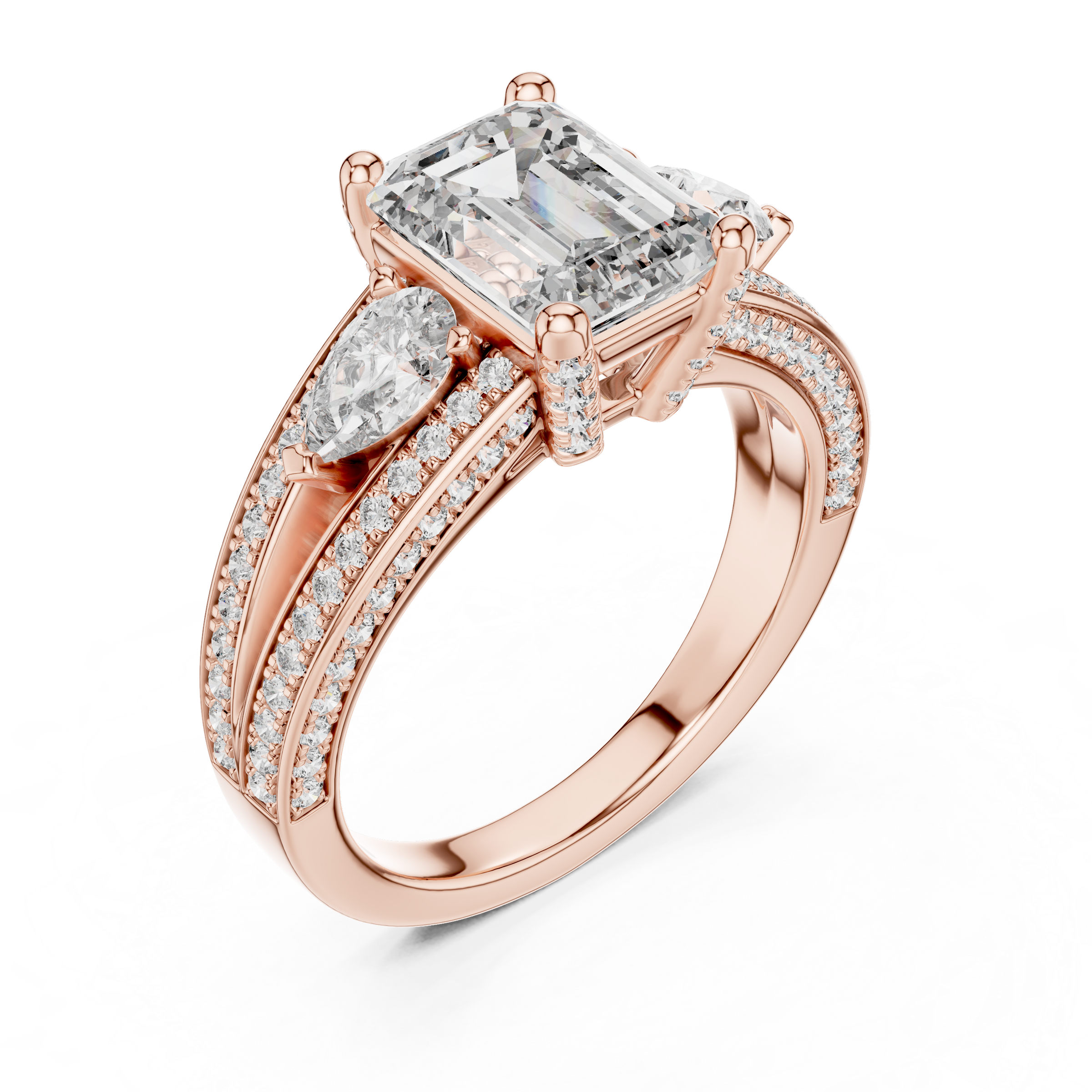 1–3 Carat Emerald Cut Lab-Grown Diamond Solitaire Trilogy Ring with Pear Cut Side Stones, Split Shank Pavé Setting in 18K Gold