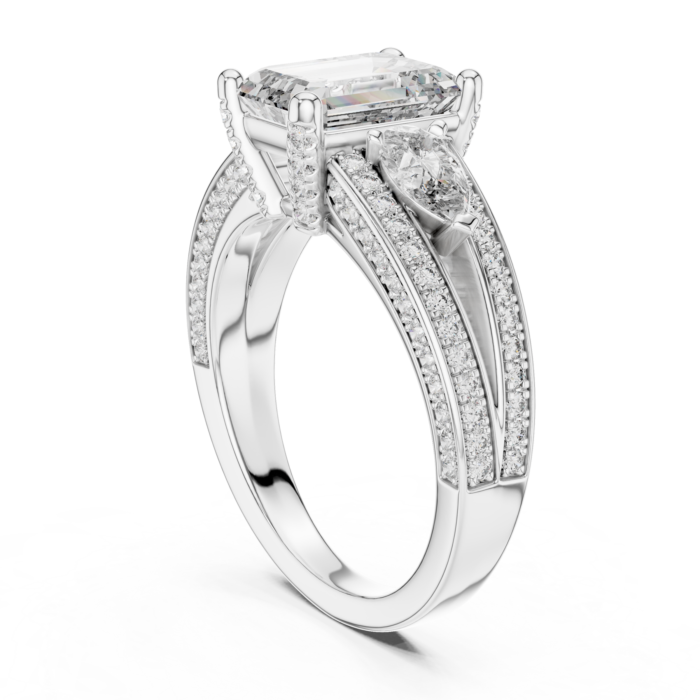 1–3 Carat Emerald Cut Lab-Grown Diamond Solitaire Trilogy Ring with Pear Cut Side Stones, Split Shank Pavé Setting in 18K Gold