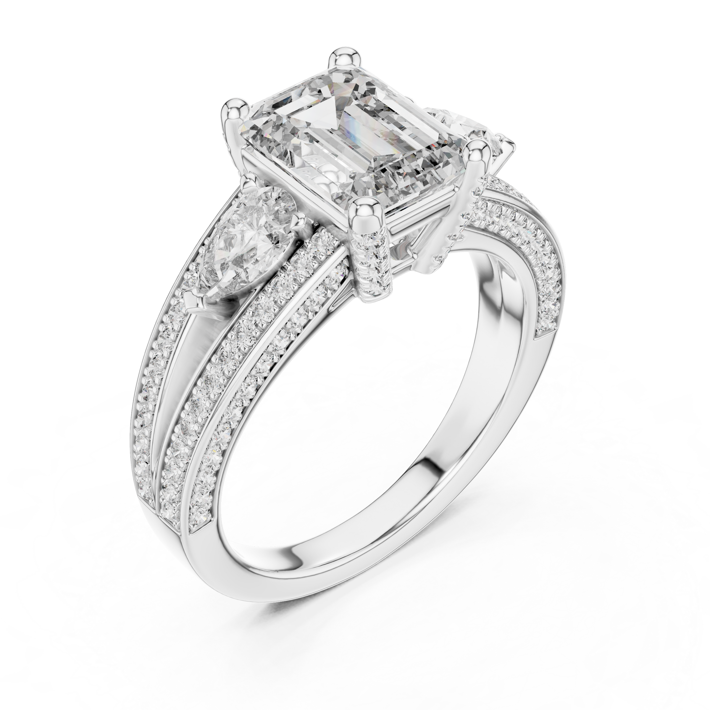 1–3 Carat Emerald Cut Lab-Grown Diamond Solitaire Trilogy Ring with Pear Cut Side Stones, Split Shank Pavé Setting in 18K Gold