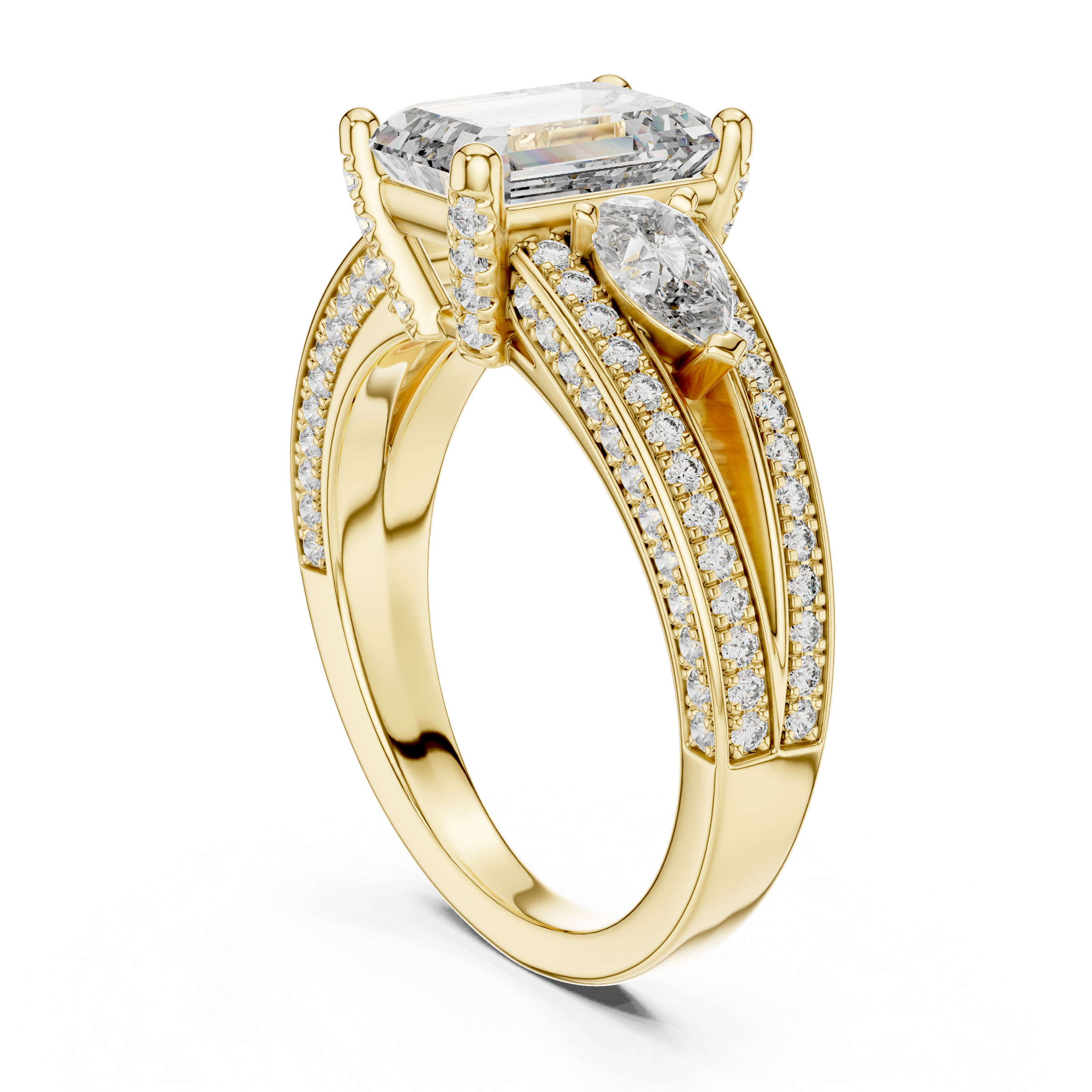 1–3 Carat Emerald Cut Lab-Grown Diamond Solitaire Trilogy Ring with Pear Cut Side Stones, Split Shank Pavé Setting in 18K Gold