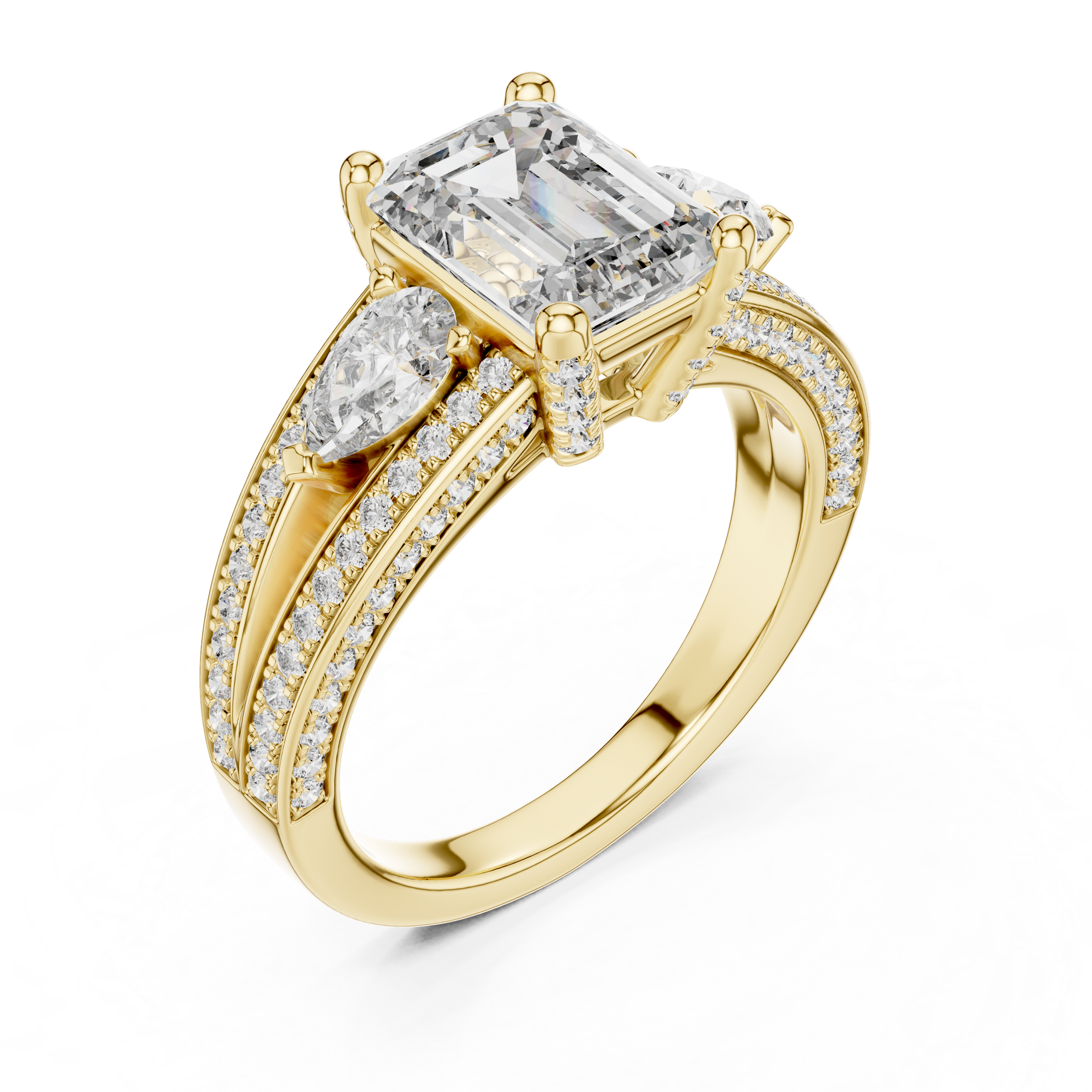 1–3 Carat Emerald Cut Lab-Grown Diamond Solitaire Trilogy Ring with Pear Cut Side Stones, Split Shank Pavé Setting in 18K Gold