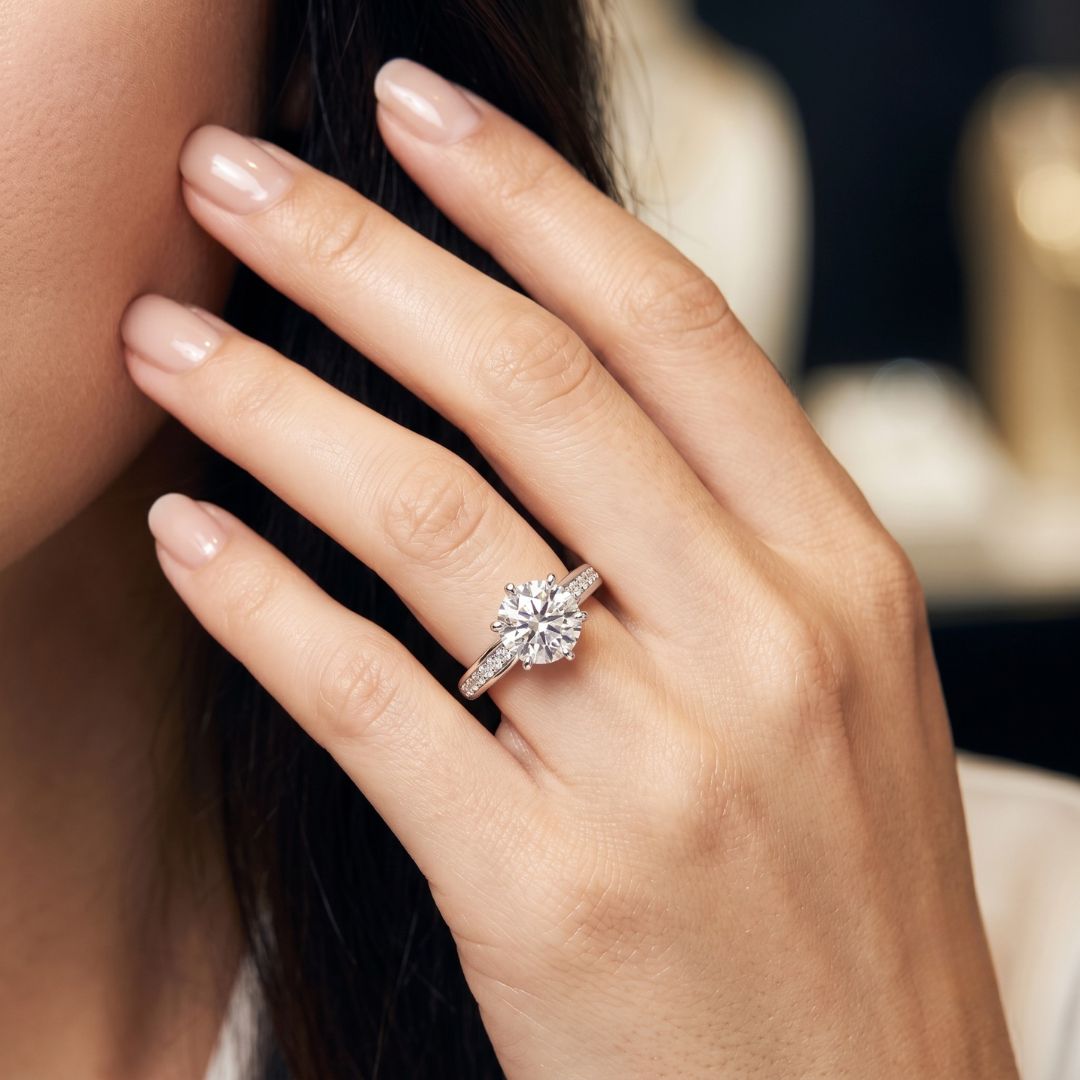 Evoke - 1–3 Carat Round Lab-Grown Diamond Solitaire Engagement Ring in 18K Gold – Half Pave Band, Six-Prong Setting