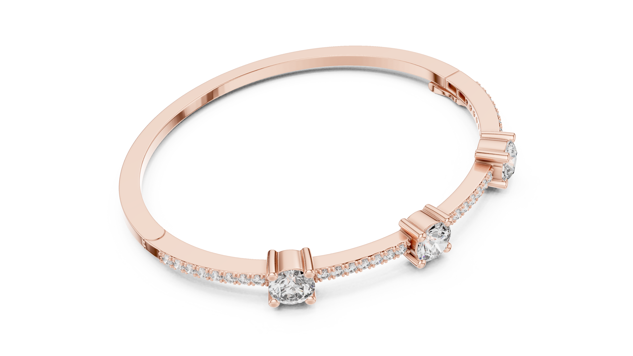 Three Stone Diamond Bangle Style Bracelet with Pave Band in 18K Gold | 3.6 Carat