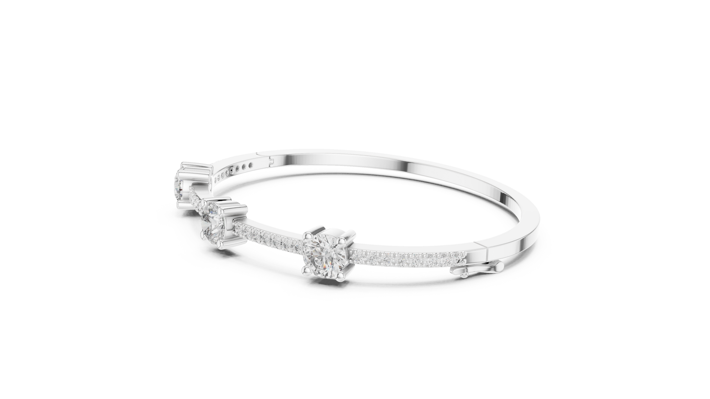 Three Stone Diamond Bangle Style Bracelet with Pave Band in 18K Gold | 3.6 Carat