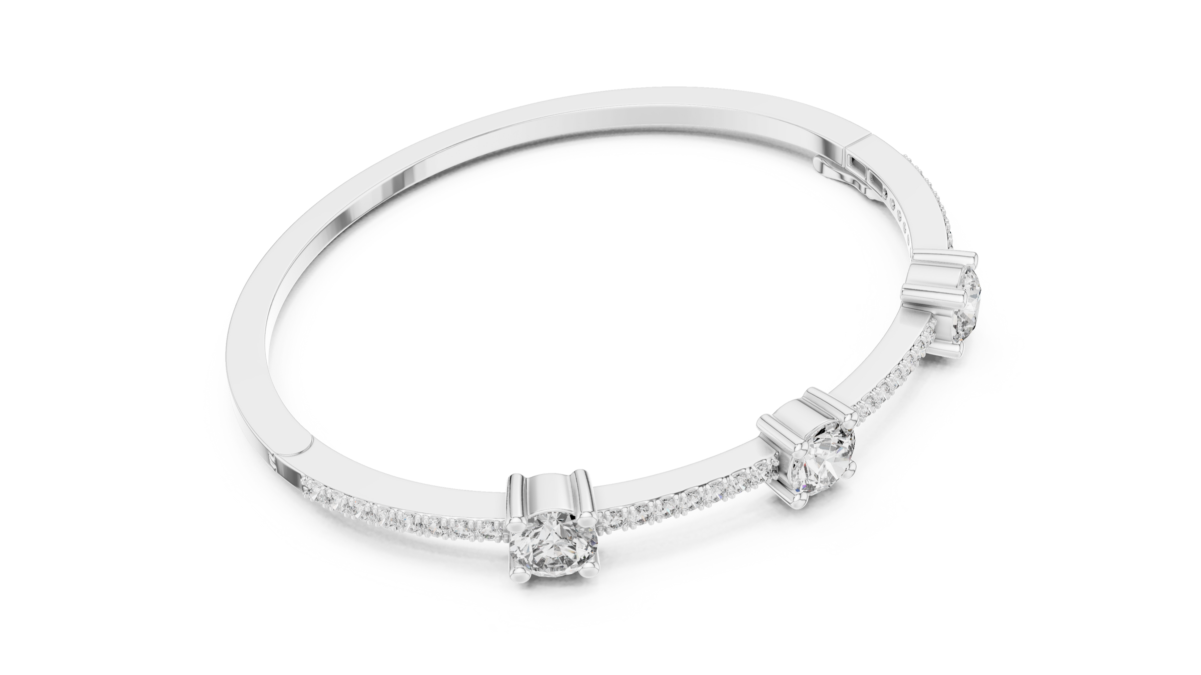 Three Stone Diamond Bangle Style Bracelet with Pave Band in 18K Gold | 3.6 Carat