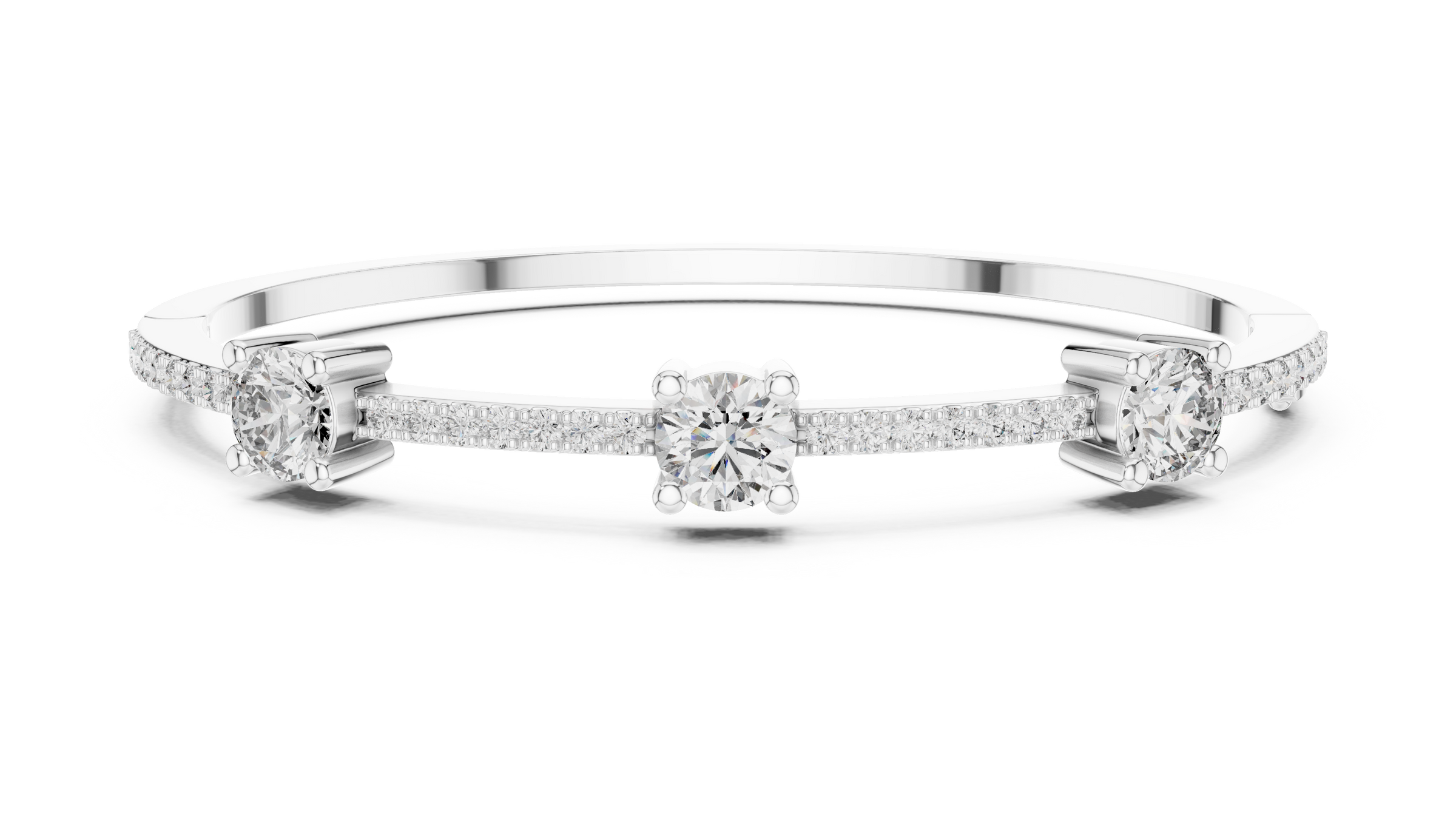 Three Stone Diamond Bangle Style Bracelet with Pave Band in 18K Gold | 3.6 Carat