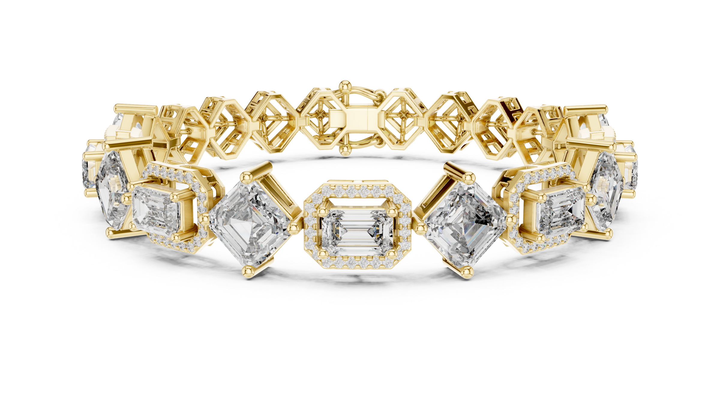 Square Emerald & Emerald With Halo Lab-Grown Diamond Tennis Bracelet in 18K Gold | 11 Carat