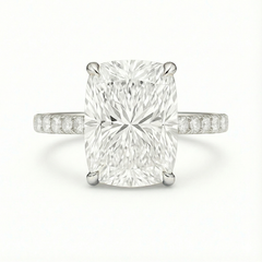 5 Carat Elongated Cushion Cut Lab Grown Diamond Solitaire Ring | Round Side Diamonds | Pavé Band Engagement Ring | 18K Gold