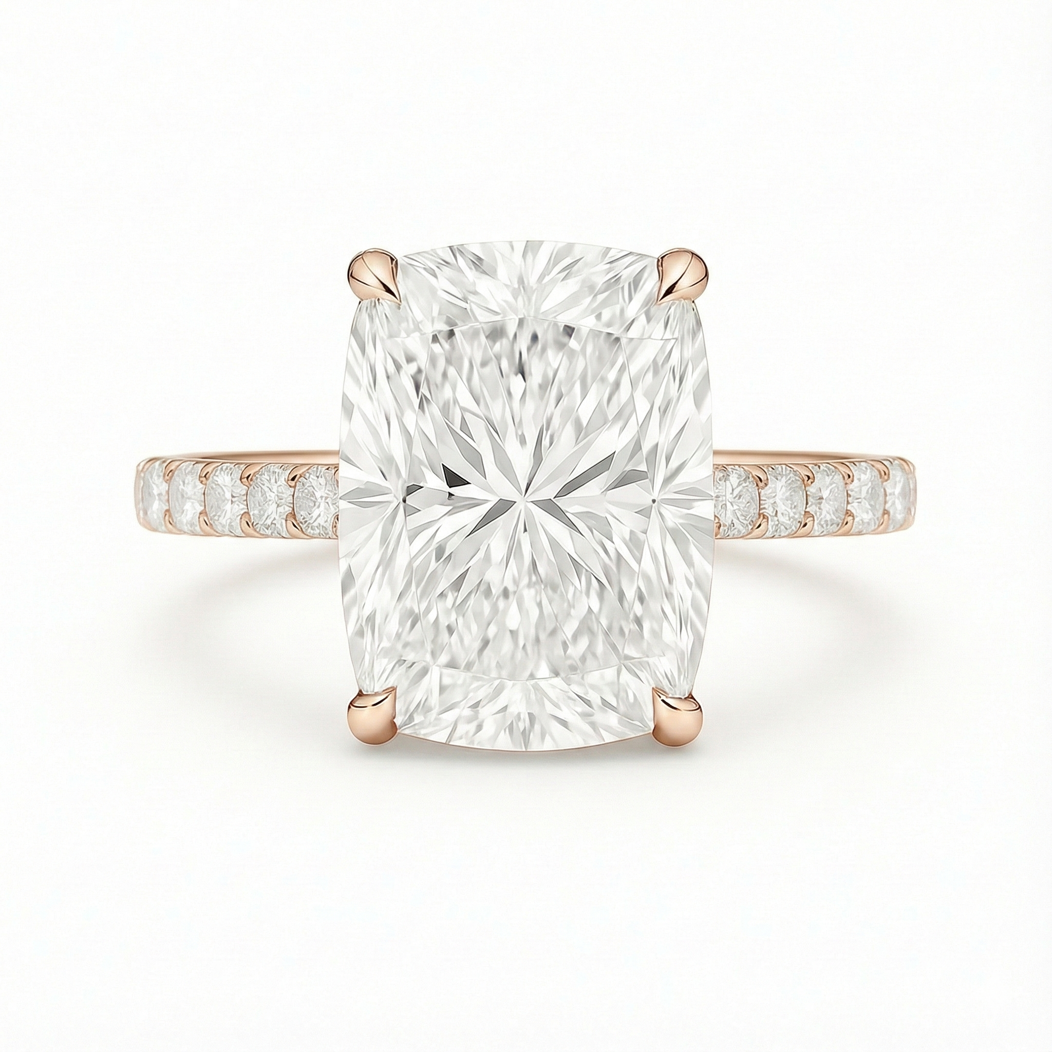 5 Carat Elongated Cushion Cut Lab Grown Diamond Solitaire Ring | Round Side Diamonds | Pavé Band Engagement Ring | 18K Gold