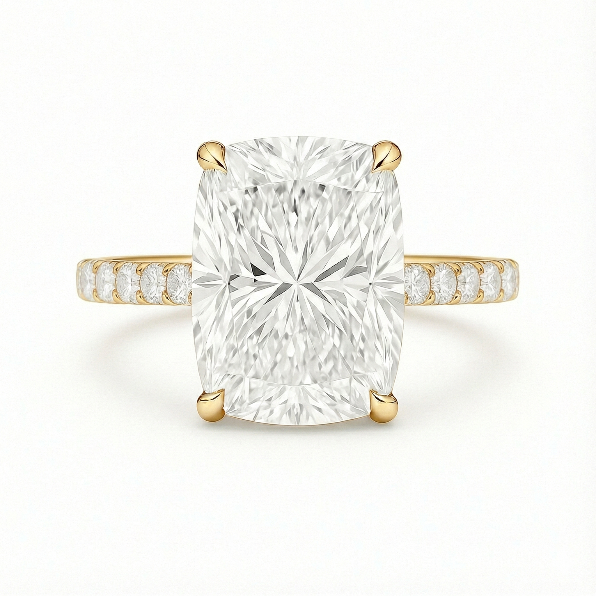 5 Carat Elongated Cushion Cut Lab Grown Diamond Solitaire Ring | Round Side Diamonds | Pavé Band Engagement Ring | 18K Gold