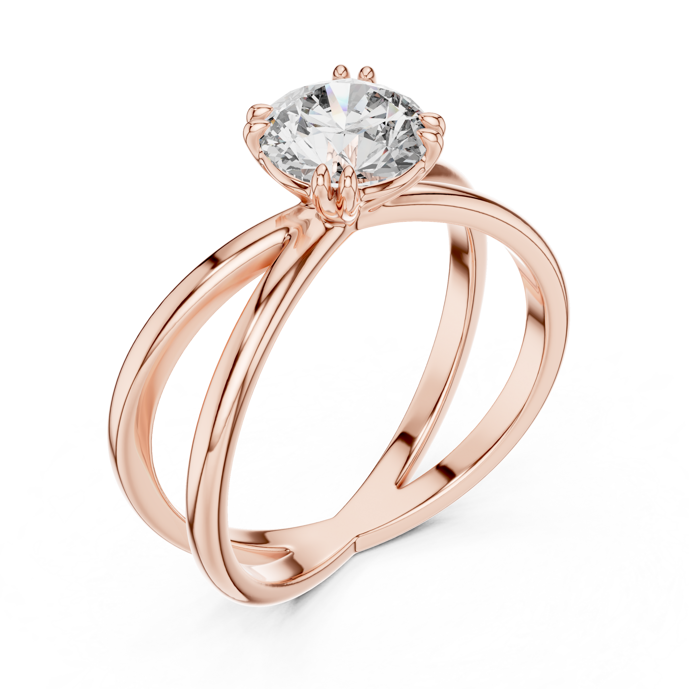 1–3 Carat Round Lab-Grown Diamond Solitaire Engagement Ring – Intertwining Bands, Double Prong, 18K Gold