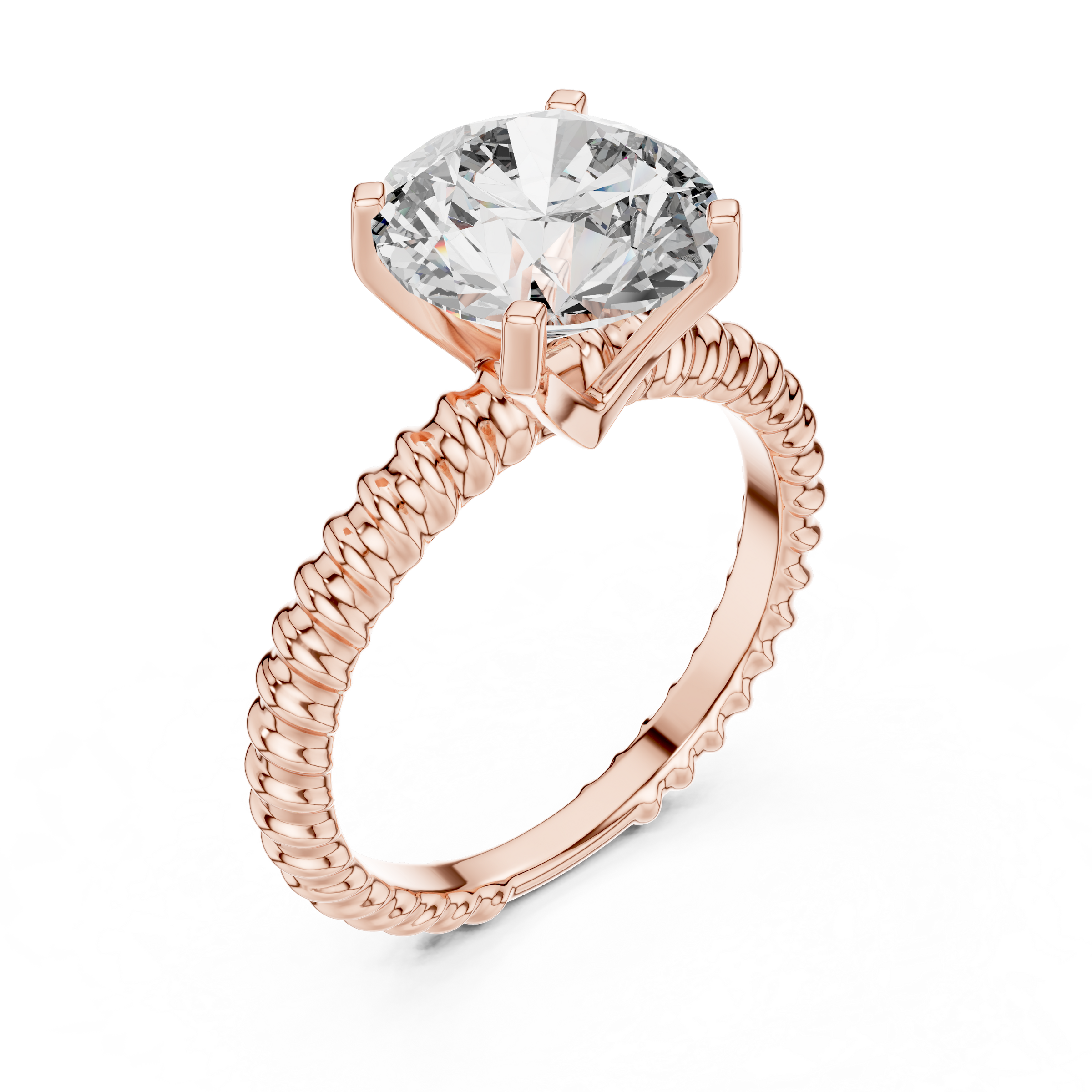 1–3 Carat Round Lab-Grown Diamond Solitaire Engagement Ring – Rope Band, Four-Prong Setting, 18K Gold