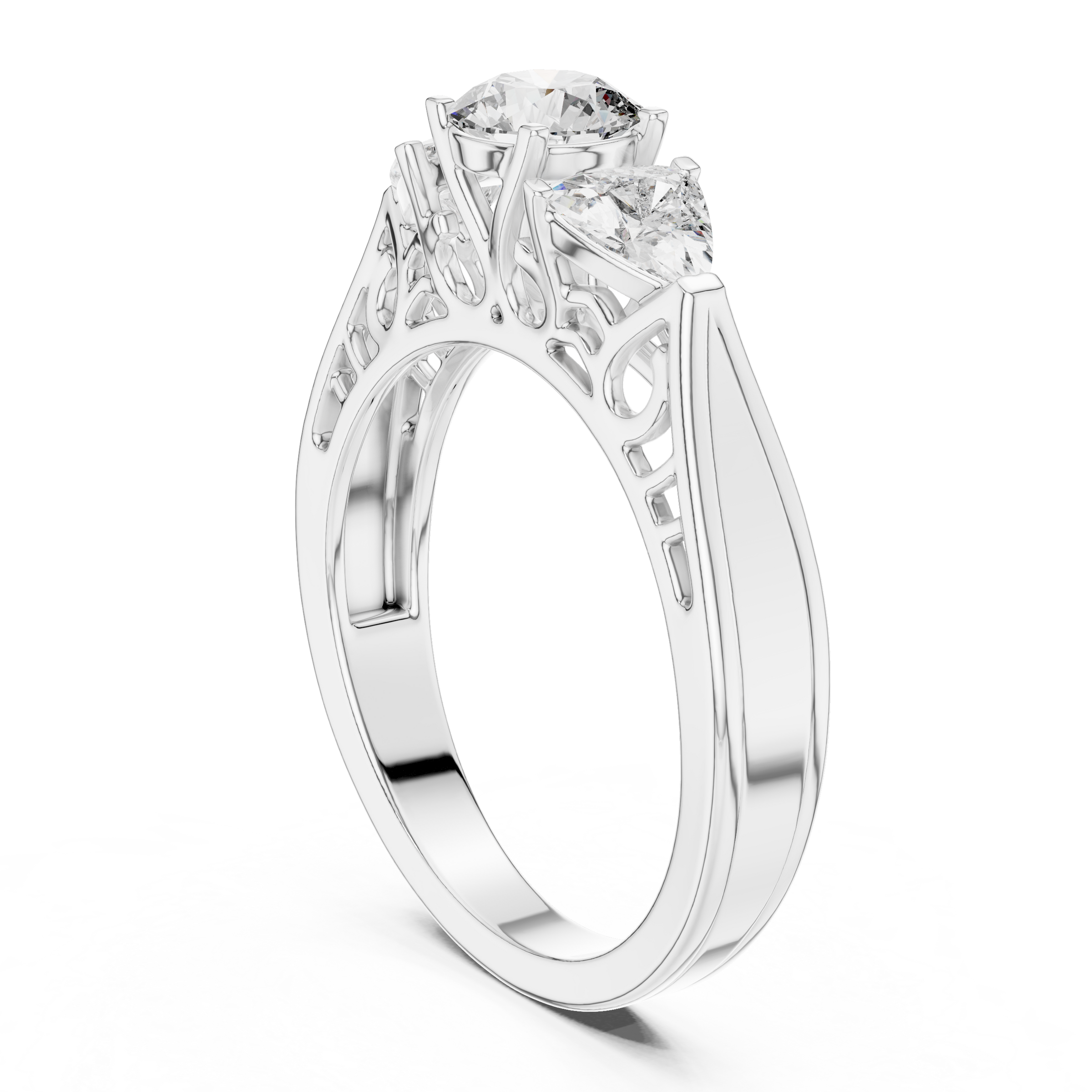 Round Brilliant Cut Trilogy Engagement Ring – Trillion Side Diamonds, 18K Gold | 0.50 – 2 Carat Centre
