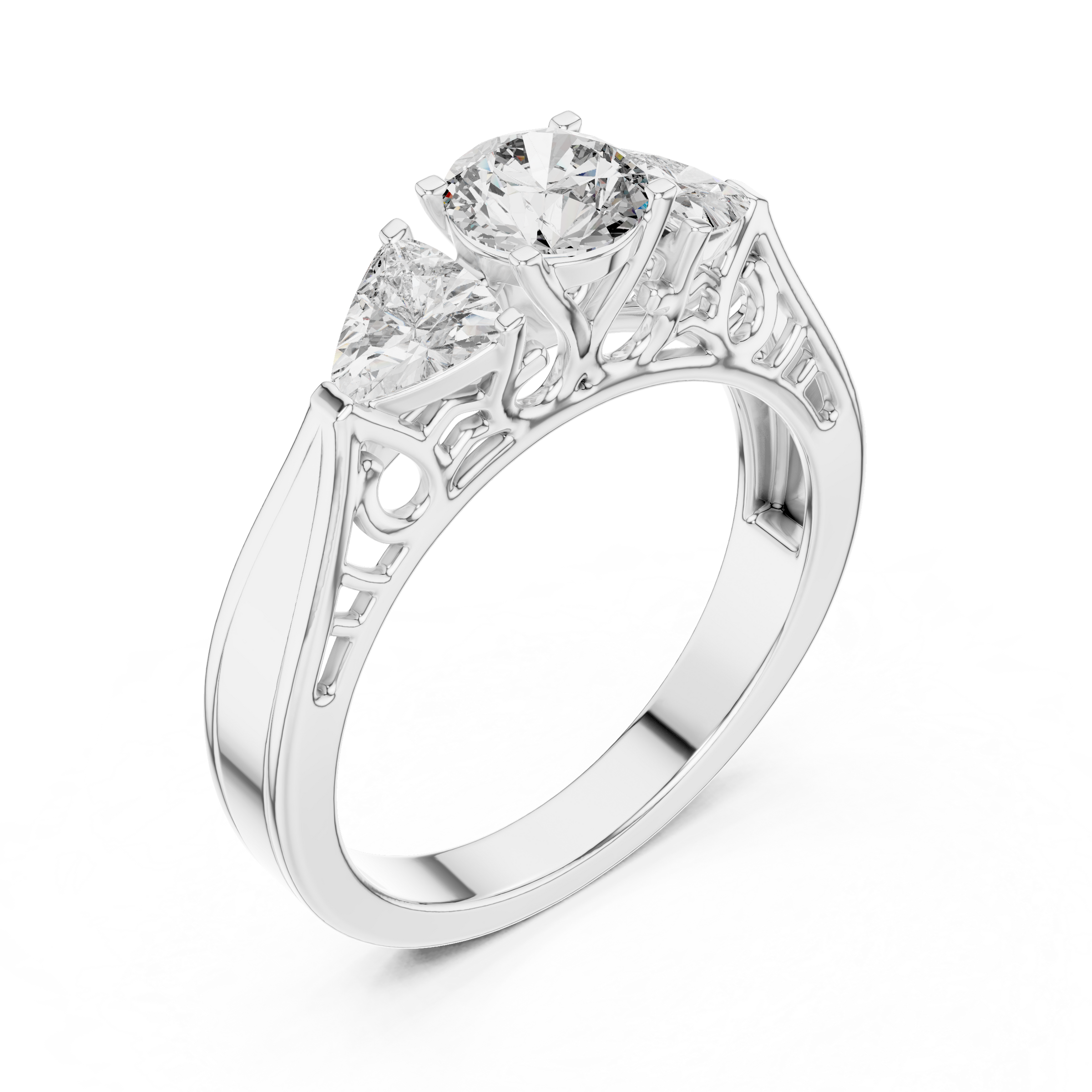 Round Brilliant Cut Trilogy Engagement Ring – Trillion Side Diamonds, 18K Gold | 0.50 – 2 Carat Centre