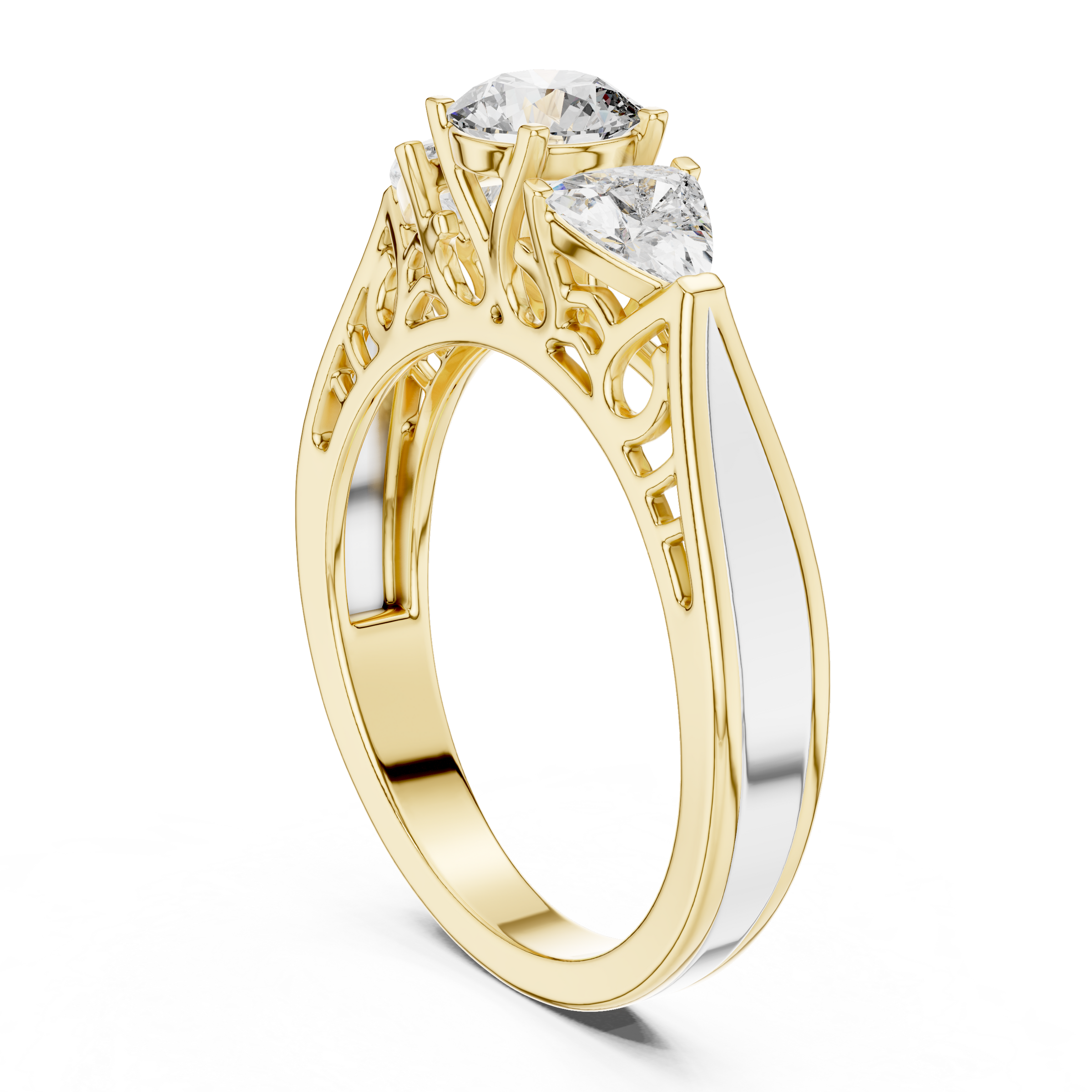 Round Brilliant Cut Trilogy Engagement Ring – Trillion Side Diamonds, 18K Gold | 0.50 – 2 Carat Centre