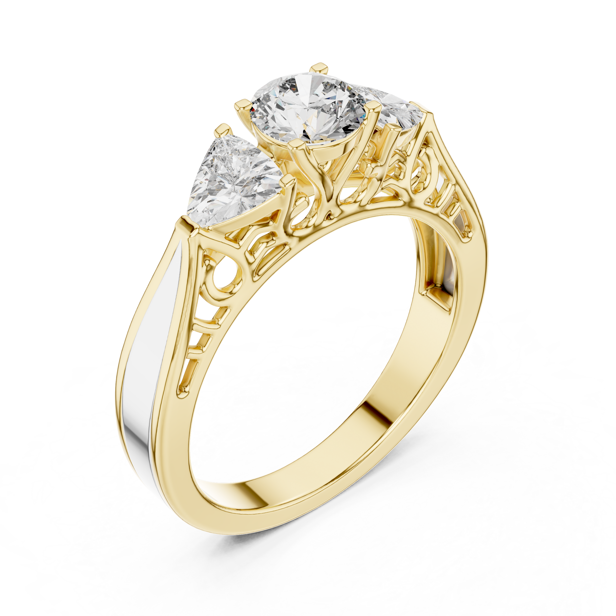 Round Brilliant Cut Trilogy Engagement Ring – Trillion Side Diamonds, 18K Gold | 0.50 – 2 Carat Centre