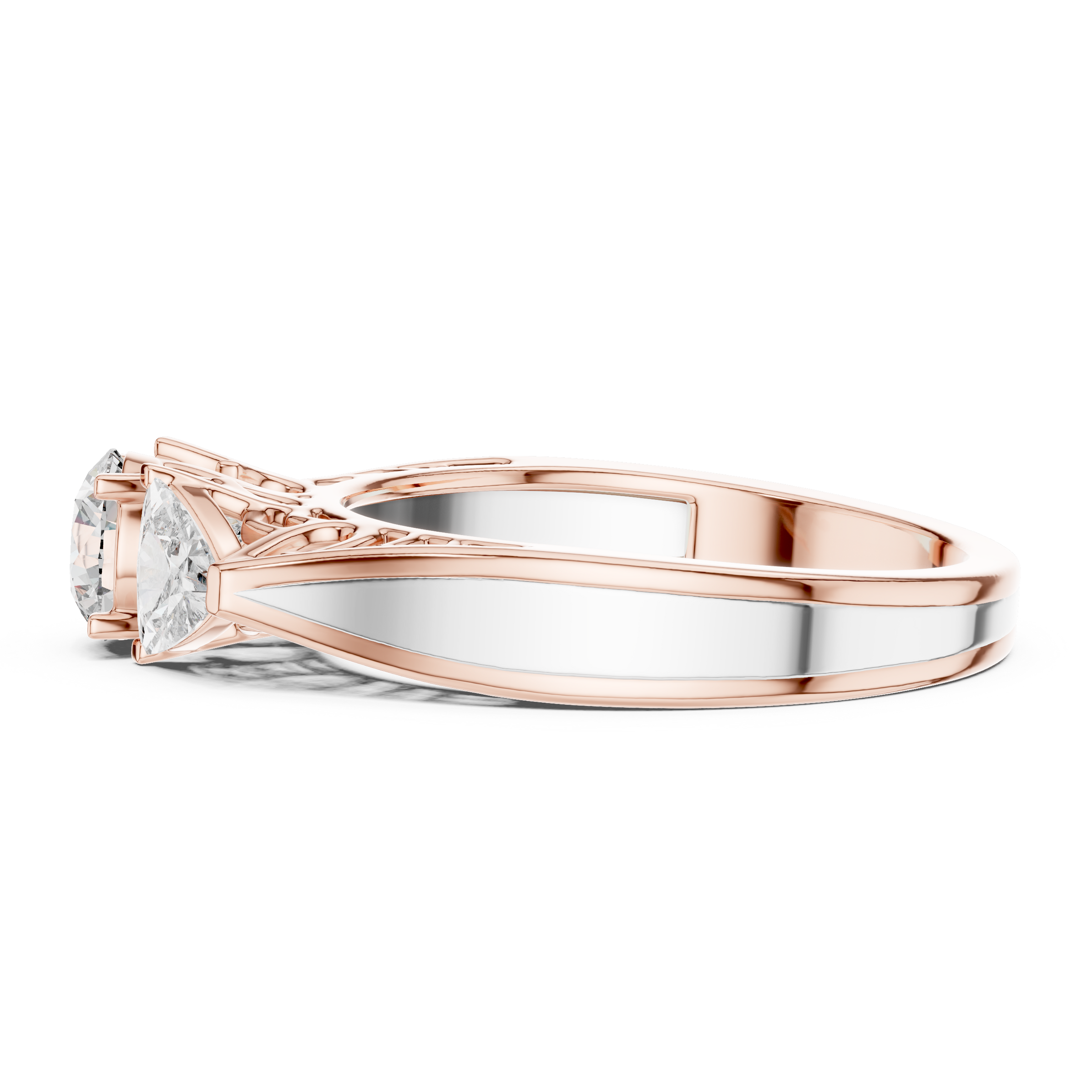 Round Brilliant Cut Trilogy Engagement Ring – Trillion Side Diamonds, 18K Gold | 0.50 – 2 Carat Centre