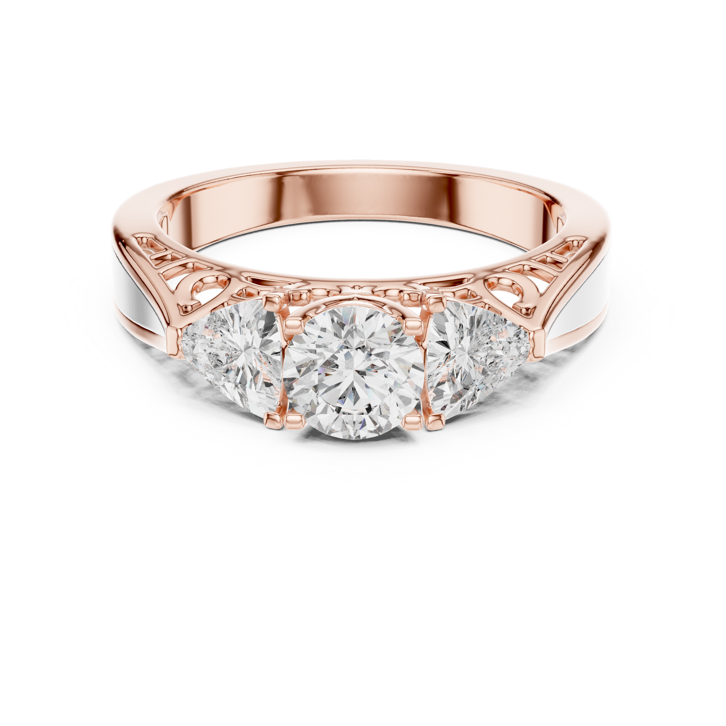 Round Brilliant Cut Trilogy Engagement Ring – Trillion Side Diamonds, 18K Gold | 0.50 – 2 Carat Centre
