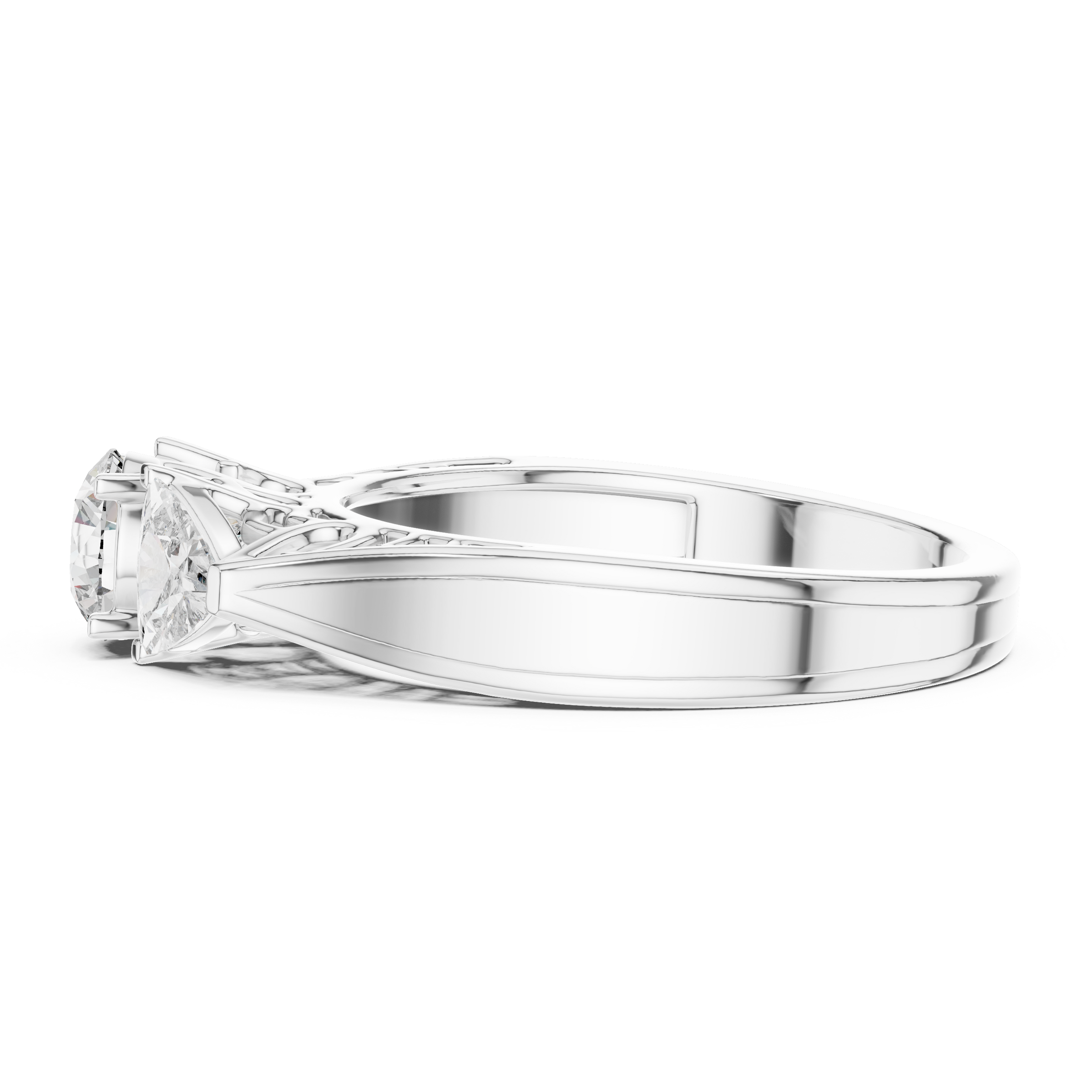 Round Brilliant Cut Trilogy Engagement Ring – Trillion Side Diamonds, 18K Gold | 0.50 – 2 Carat Centre