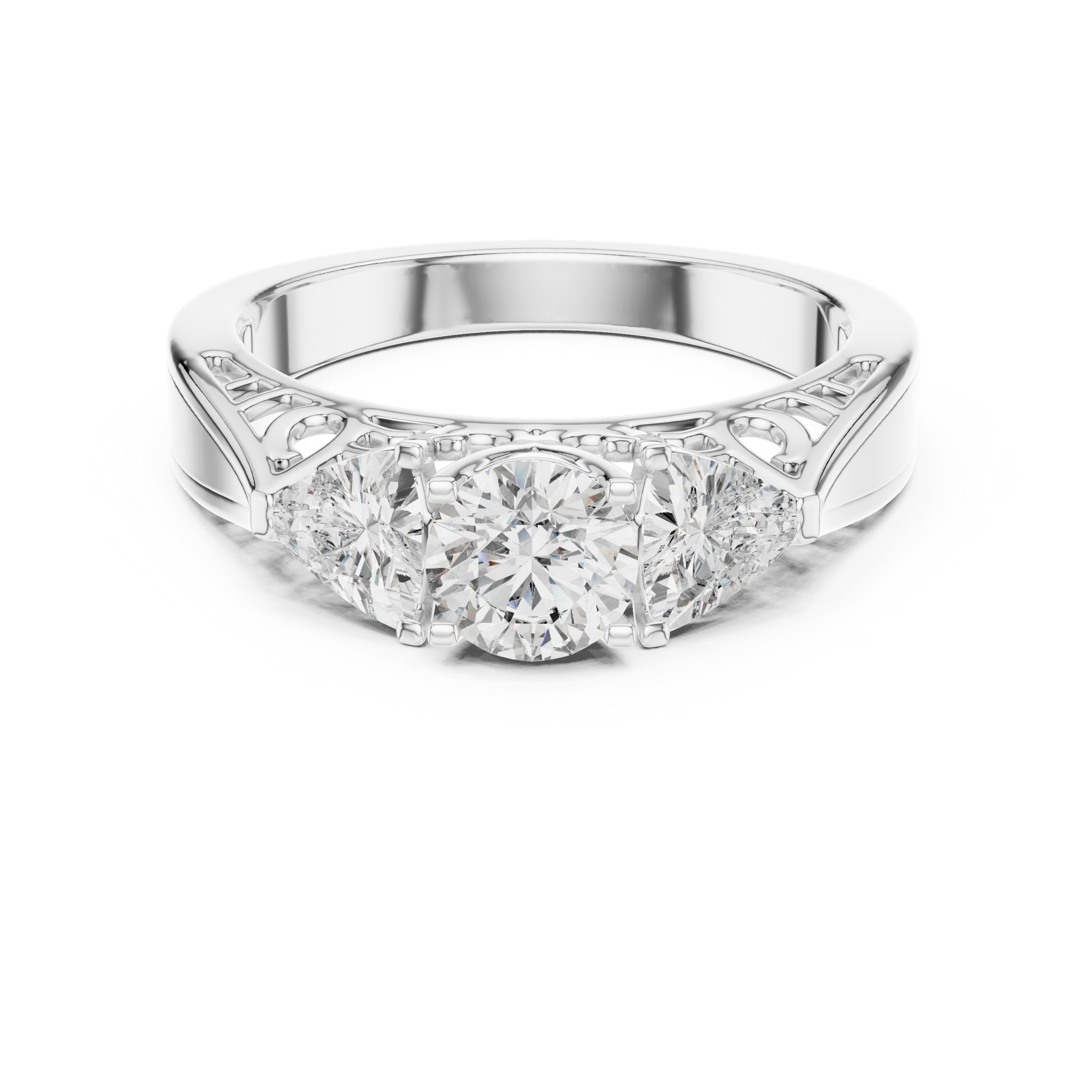 Round Brilliant Cut Trilogy Engagement Ring – Trillion Side Diamonds, 18K Gold | 0.50 – 2 Carat Centre